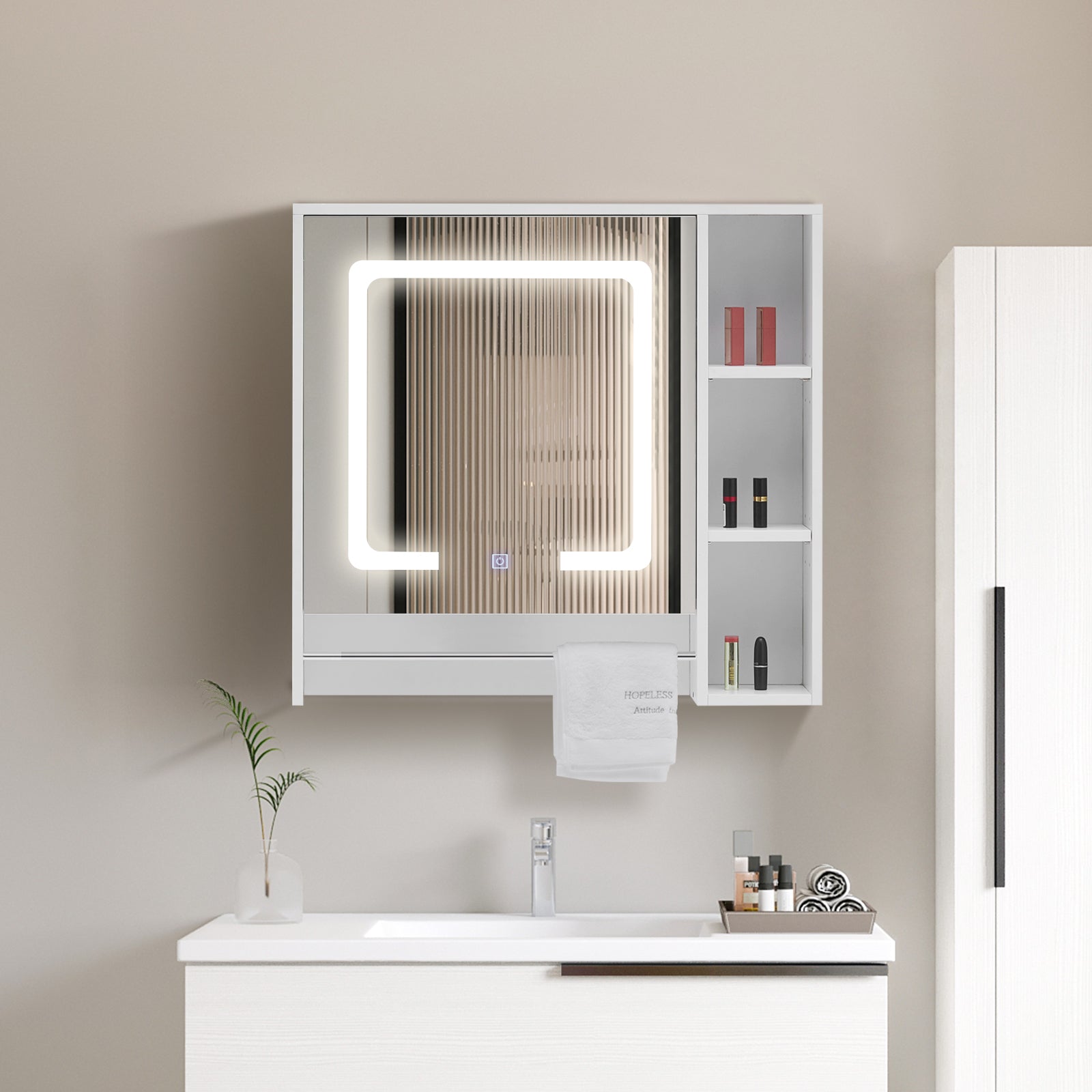 Tavion Bathroom Mirror Cabinet with Lights (1 Door+3 Shelves)