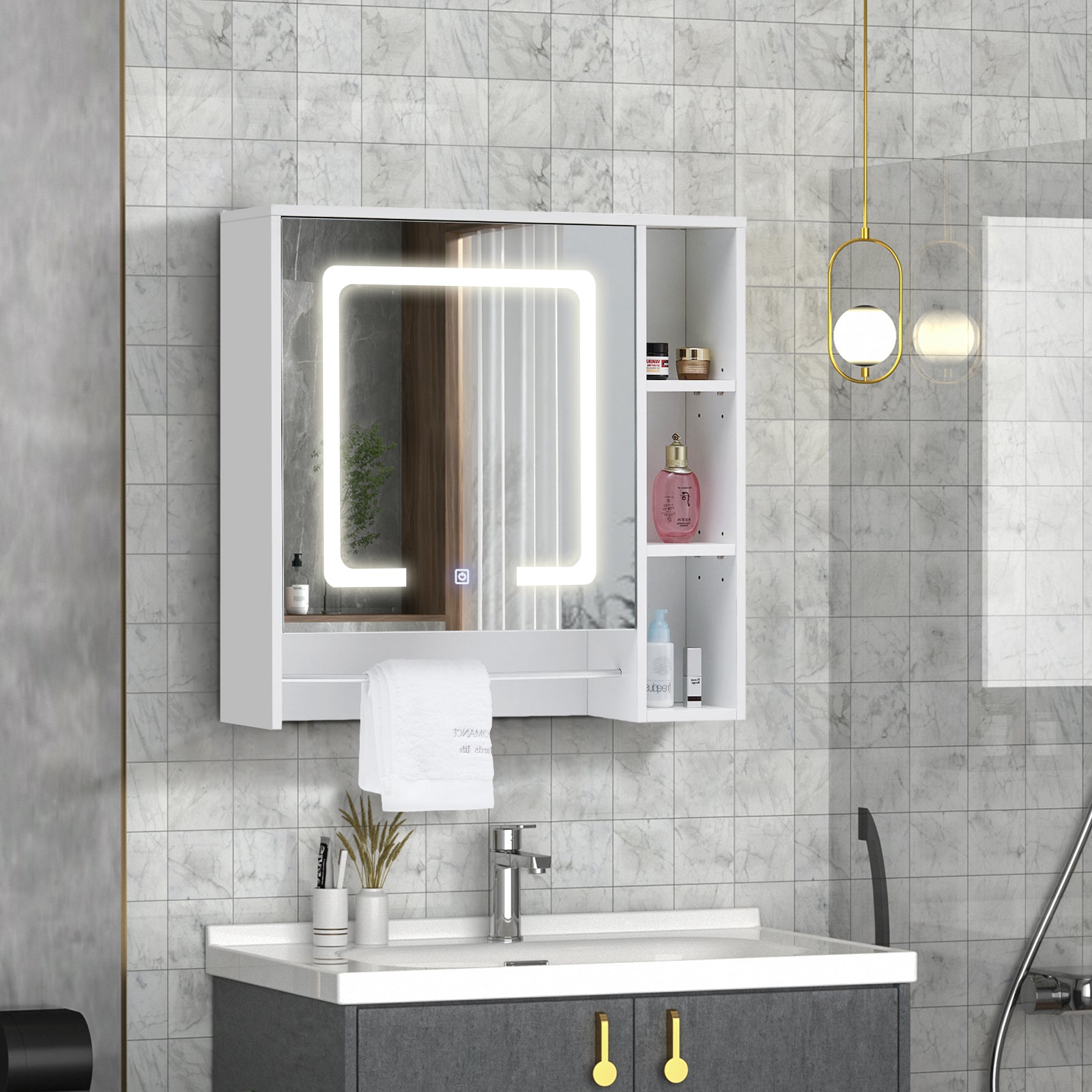 Tavion Bathroom Mirror Cabinet with Lights (1 Door+3 Shelves)