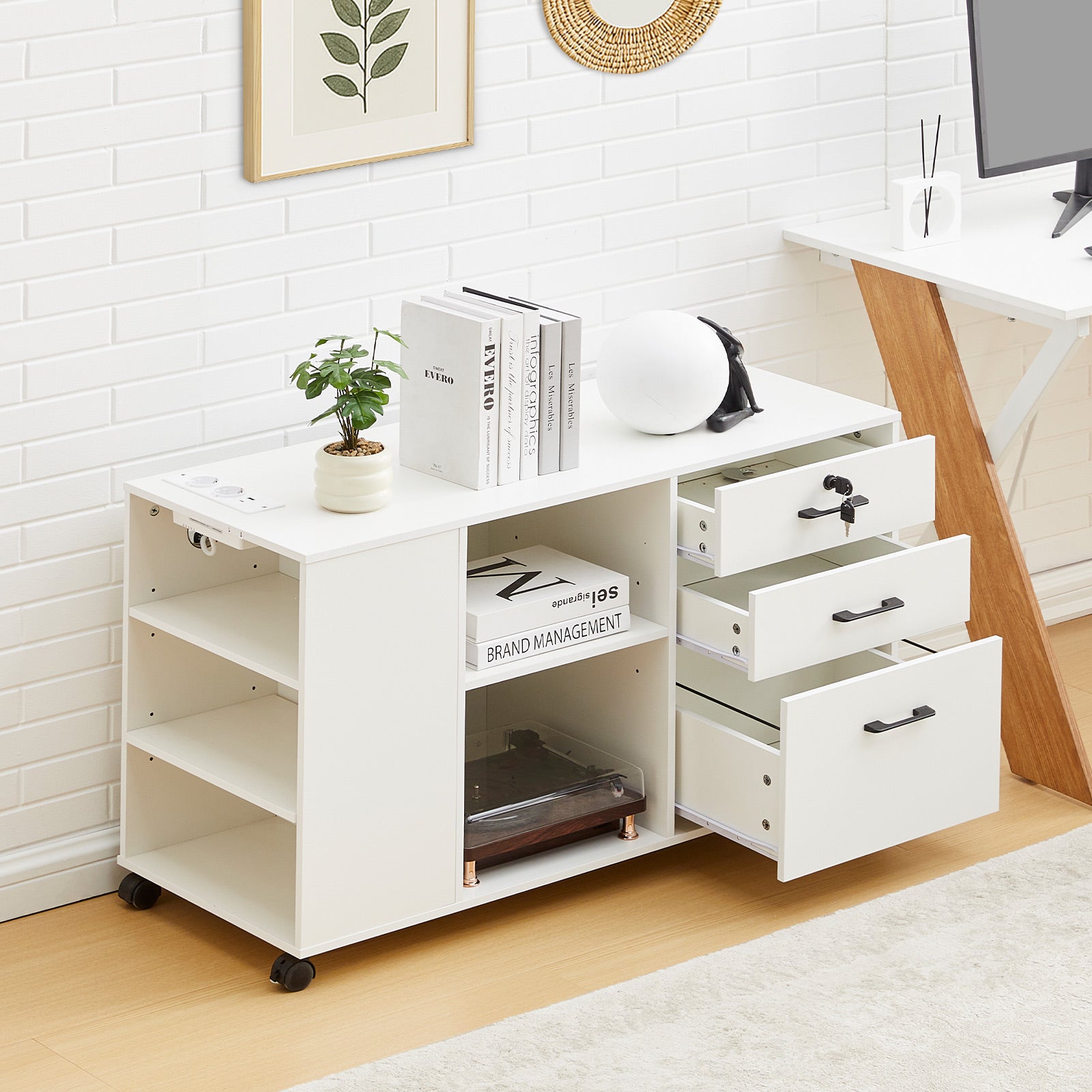 Wide Mobile Filing Cabinet with 3 Drawers and Open Storage
