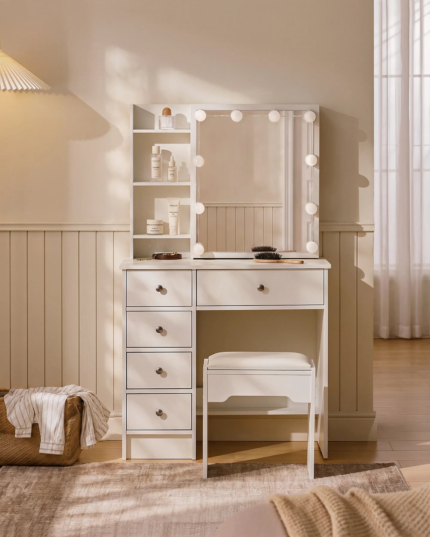 Amya Dressing Table Set with Sliding Mirror and LED Lighting
