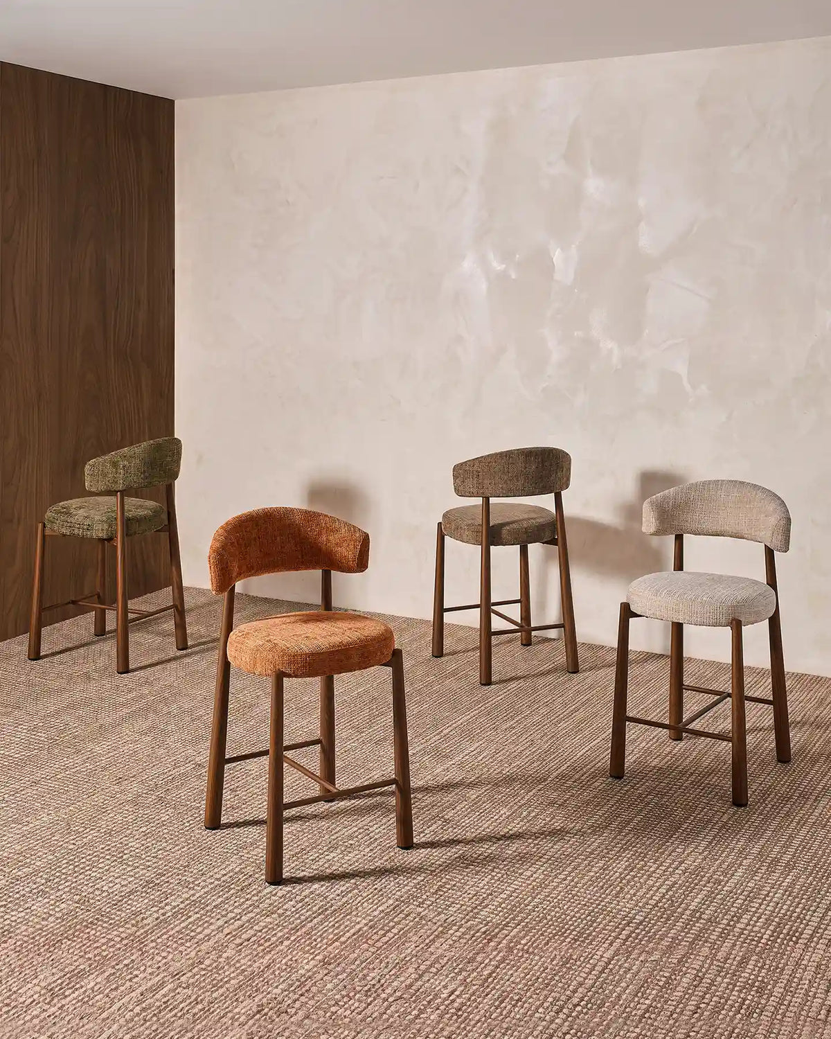 Ansel Cream Chenille Bar Stools Styled Around a Contemporary Kitchen Island