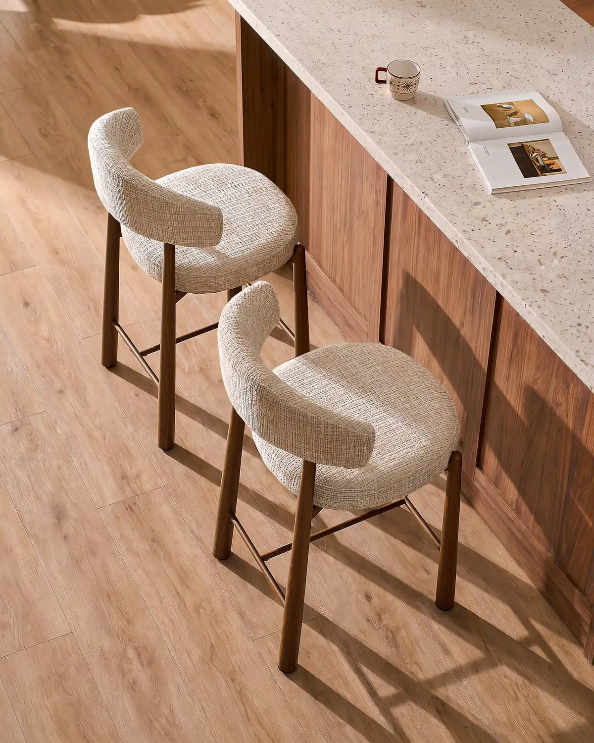 Ansel Cream Chenille Bar Stools Styled Around a Kitchen Island