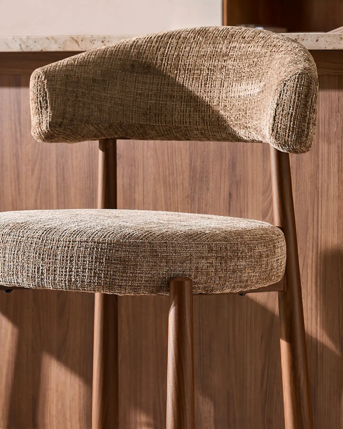 Ansel Taupe Chenille Bar Stool – Curved Backrest and Upholstered Finish