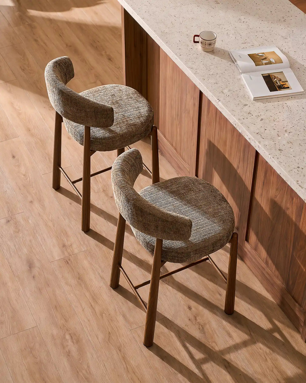 Ansel Taupe Chenille Bar Stools Styled Around a Kitchen Island