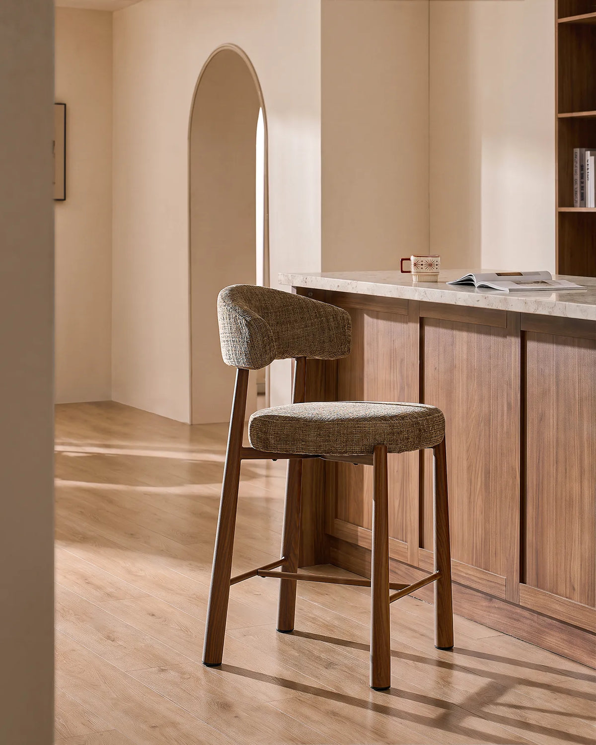 Ansel Taupe Chenille Bar Stool – Side Profile and Curved Silhouette
