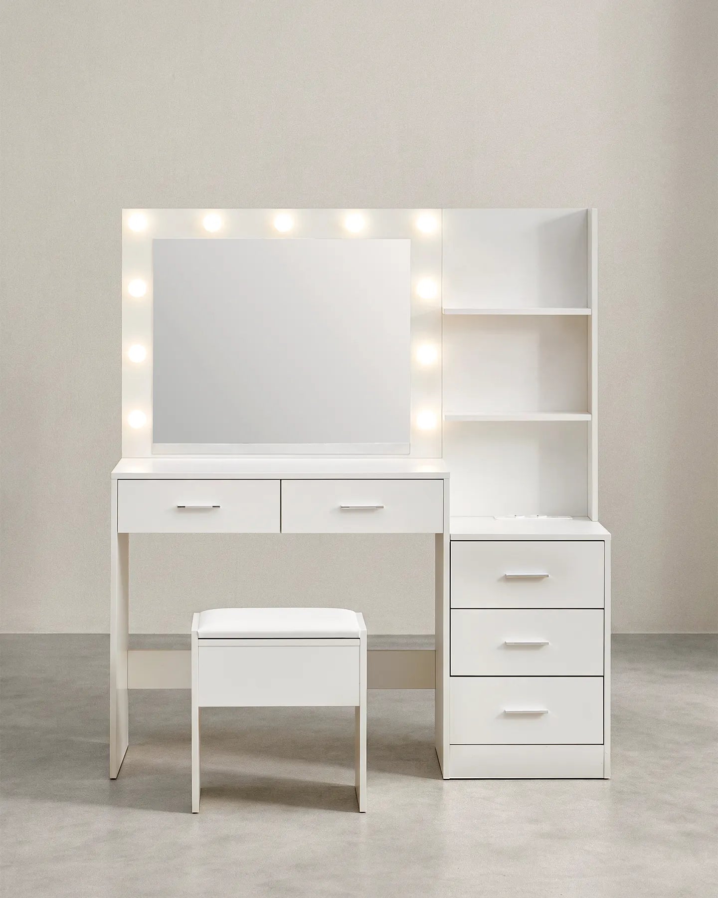 Aura White Dressing Table with Illuminated Mirror and PU Stool