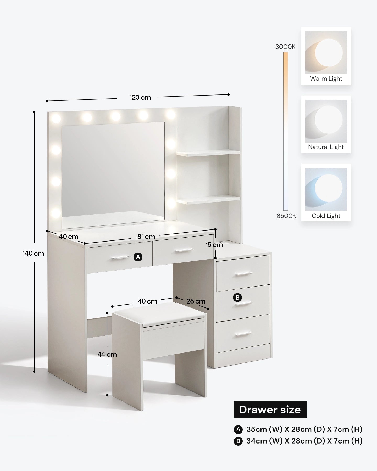 Aura White Dressing Table Dimensions and Measurements