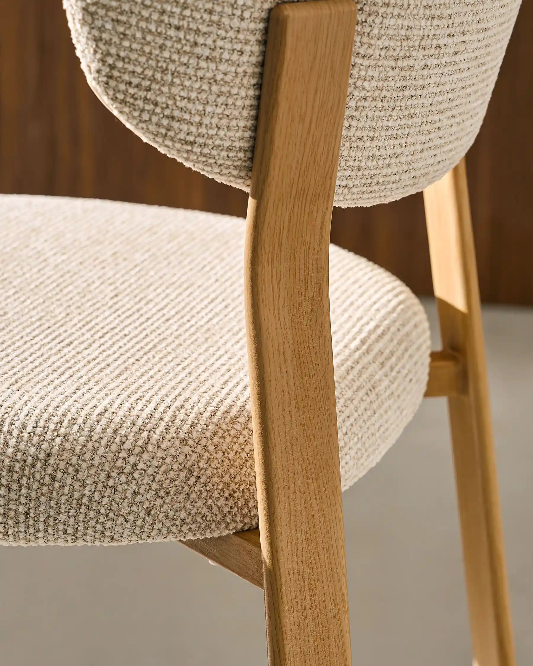 Close-up of beige chenille upholstery on Bramley bar stools