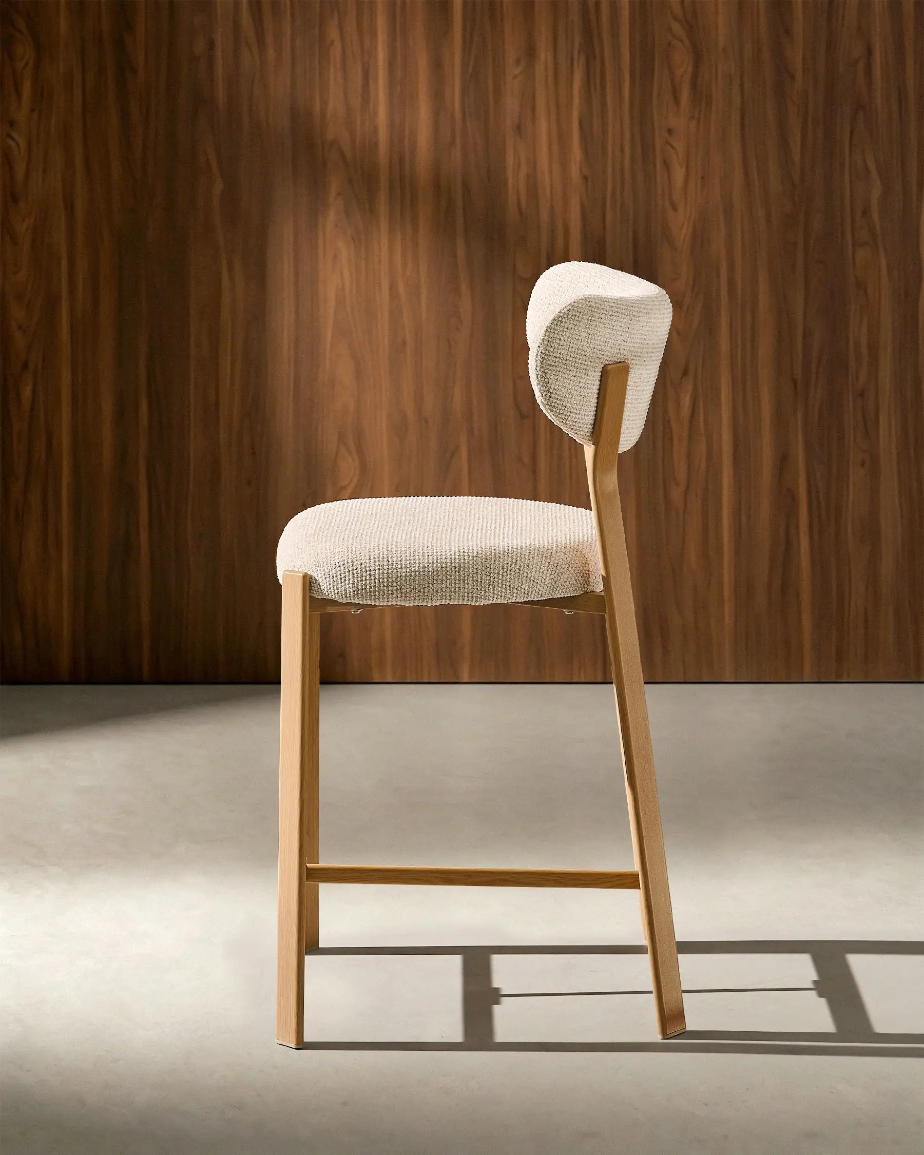 Bramley beige chenille bar stools, side view