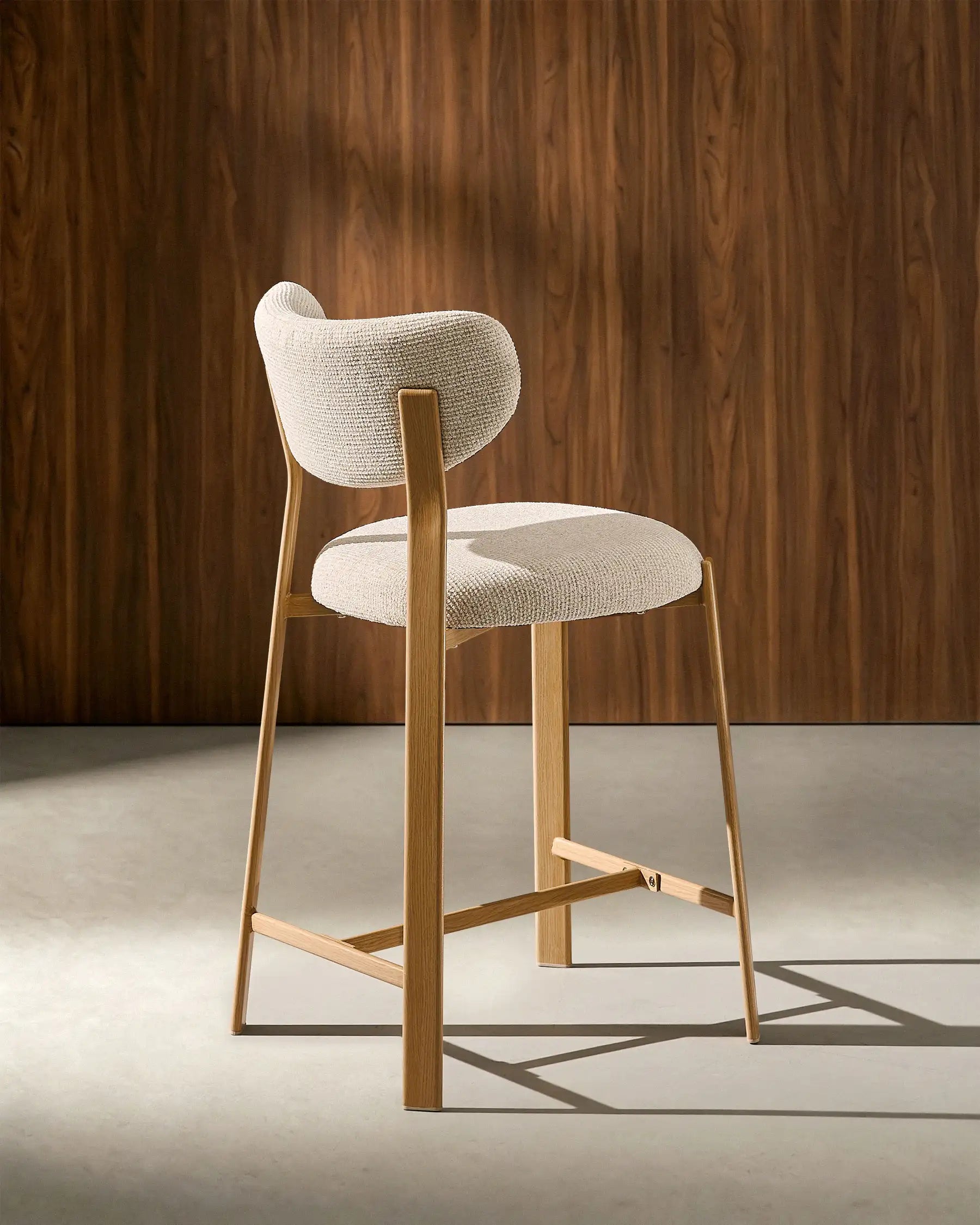 Bramley beige chenille bar stools, side view