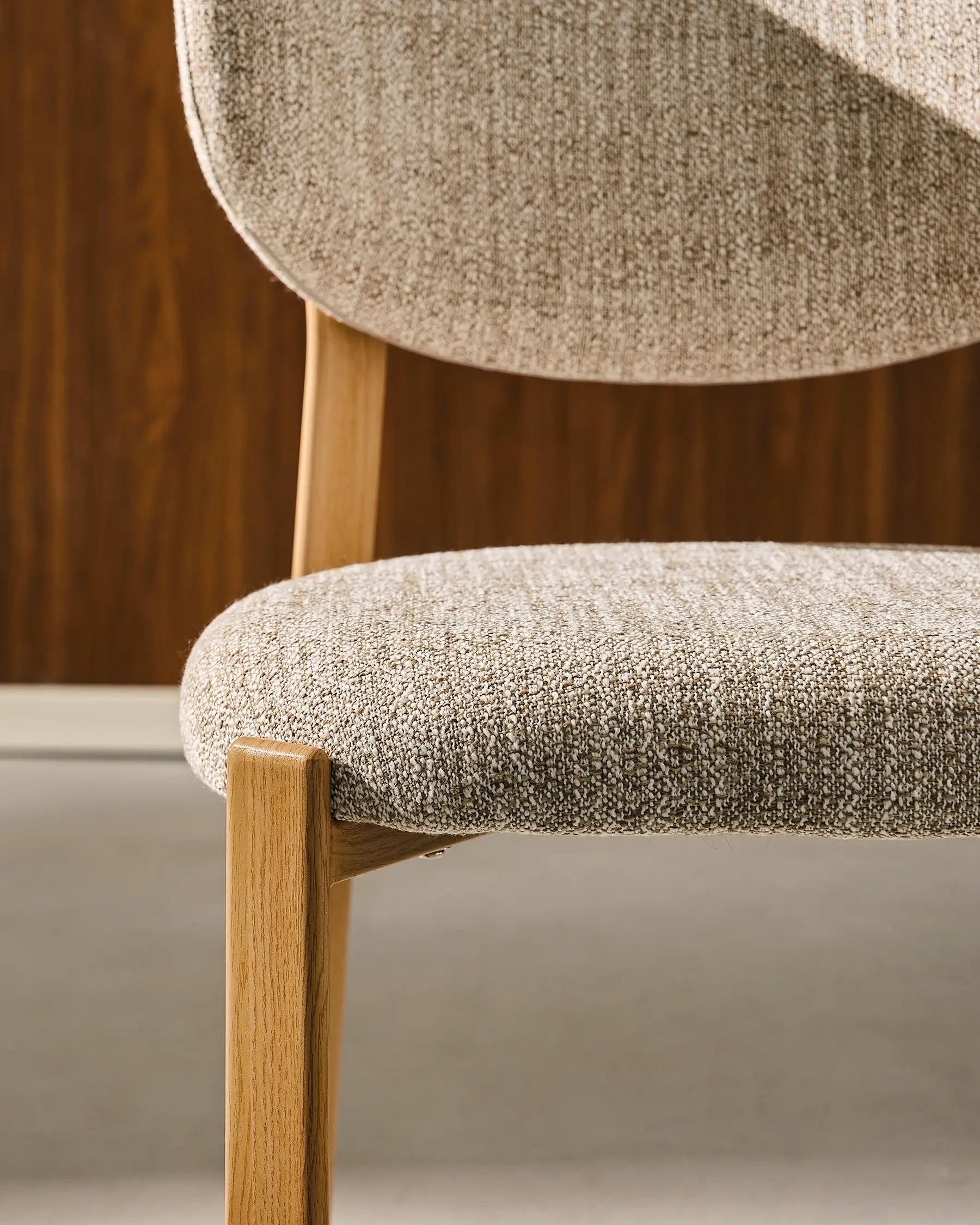 Close-up of beige linen blend upholstery on Bramley dining chairs
