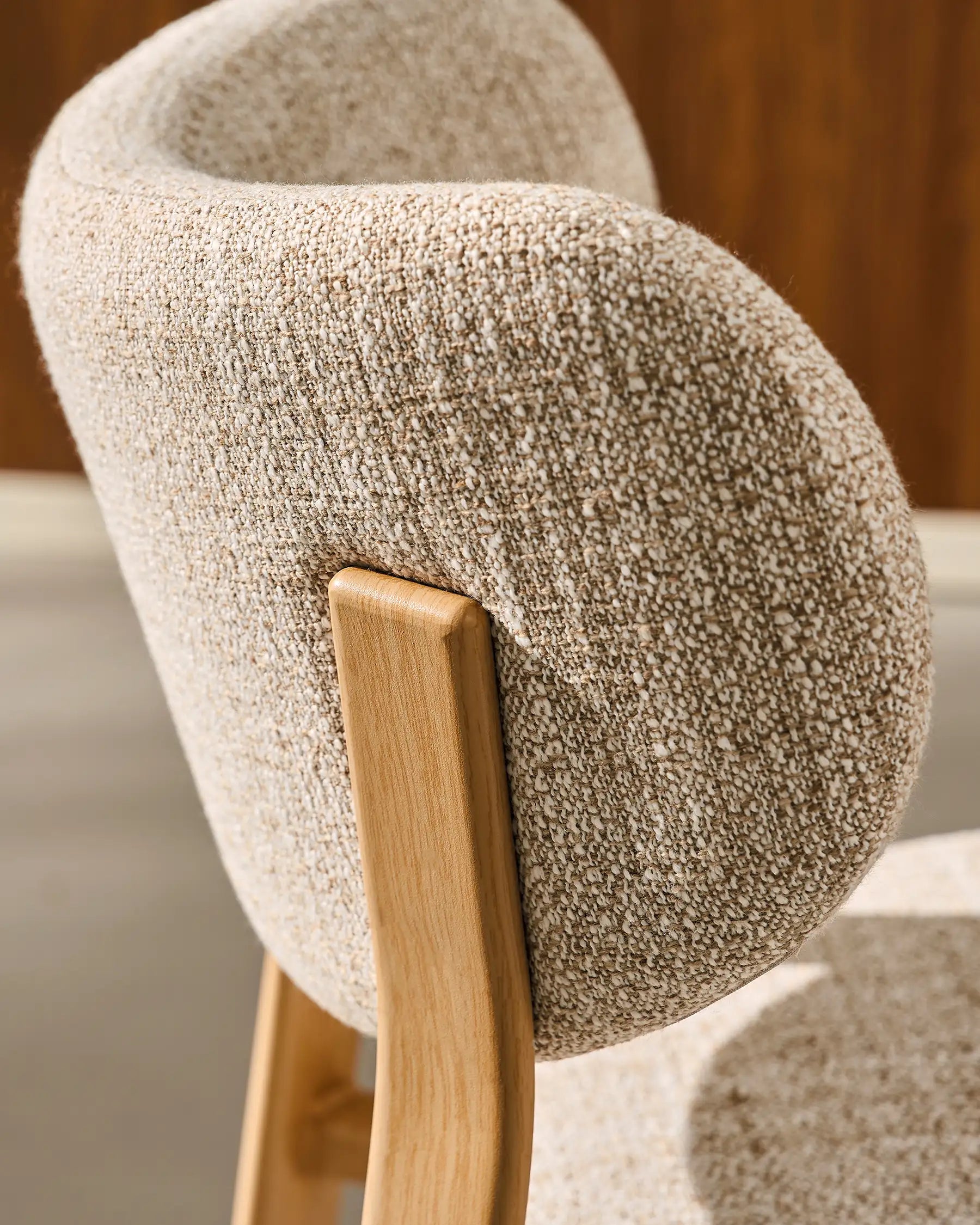 Close-up of beige linen blend upholstery on Bramley dining chairs