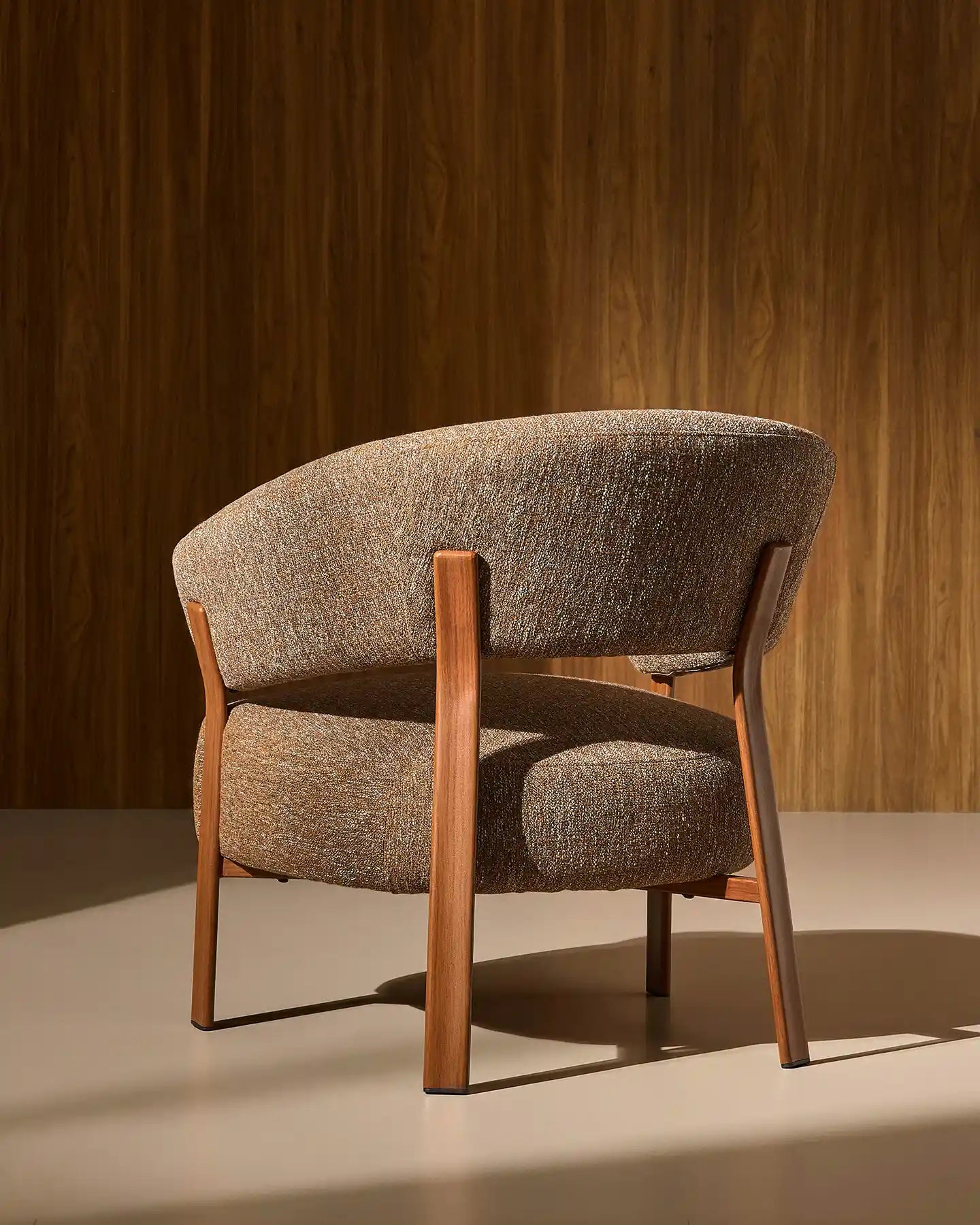 Side view of Bramley mocha brown linen blend accent chair
