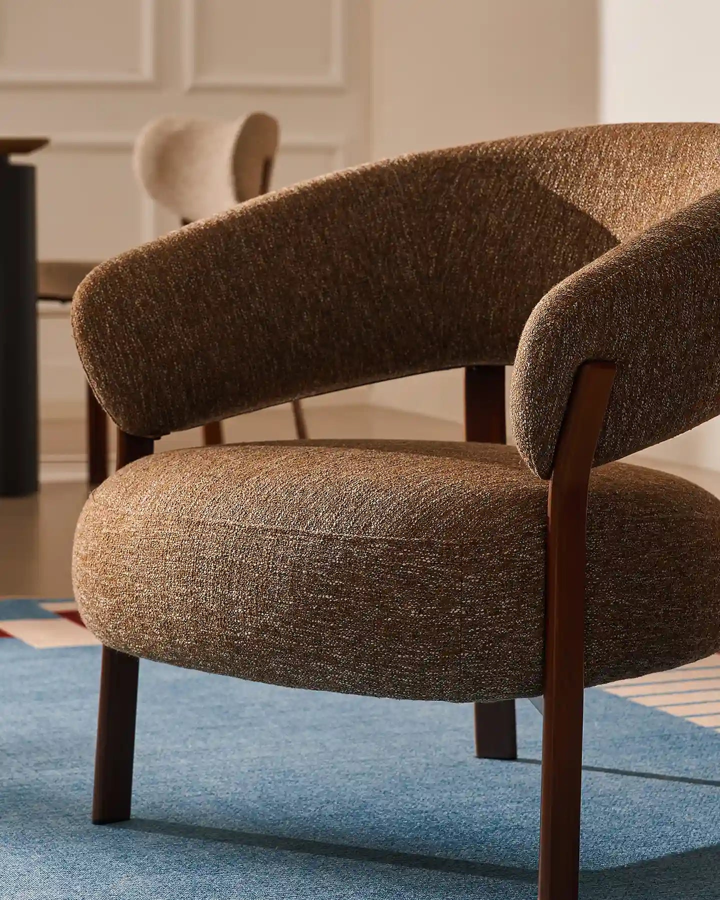 Side view of Bramley mocha brown linen blend accent chair