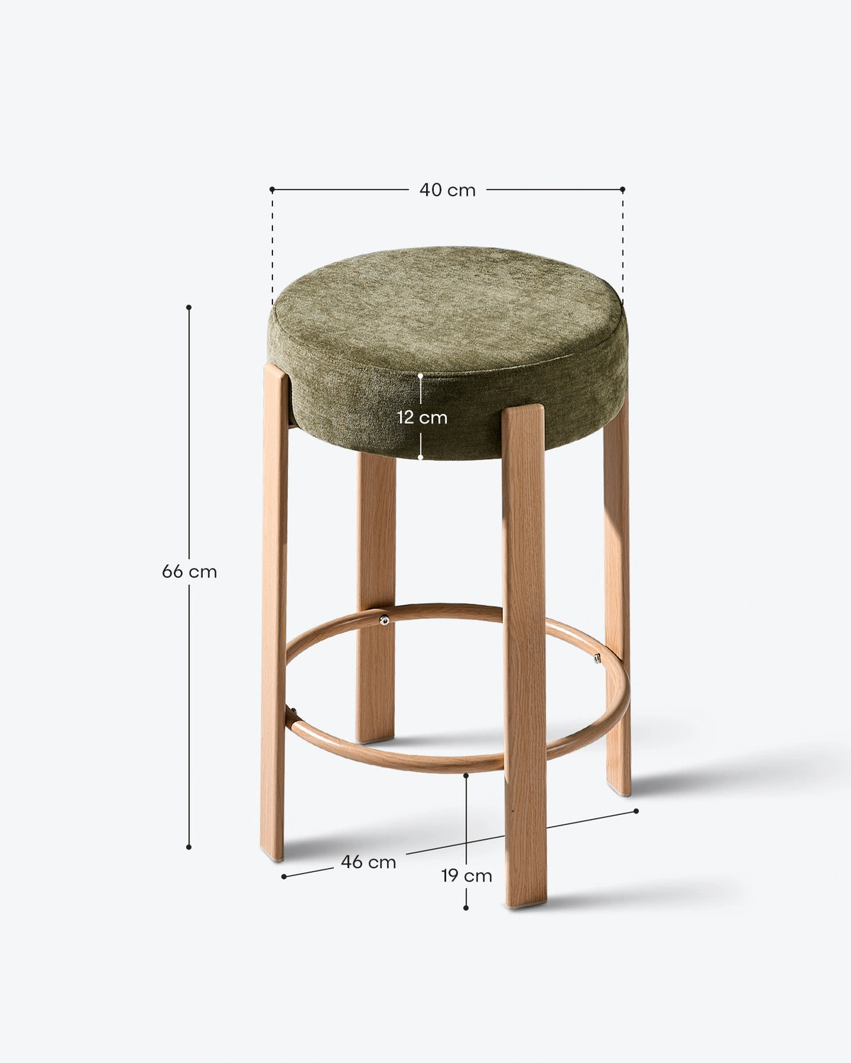 Bramley olive green chenille bar stool with 65 cm seat height and round seat design