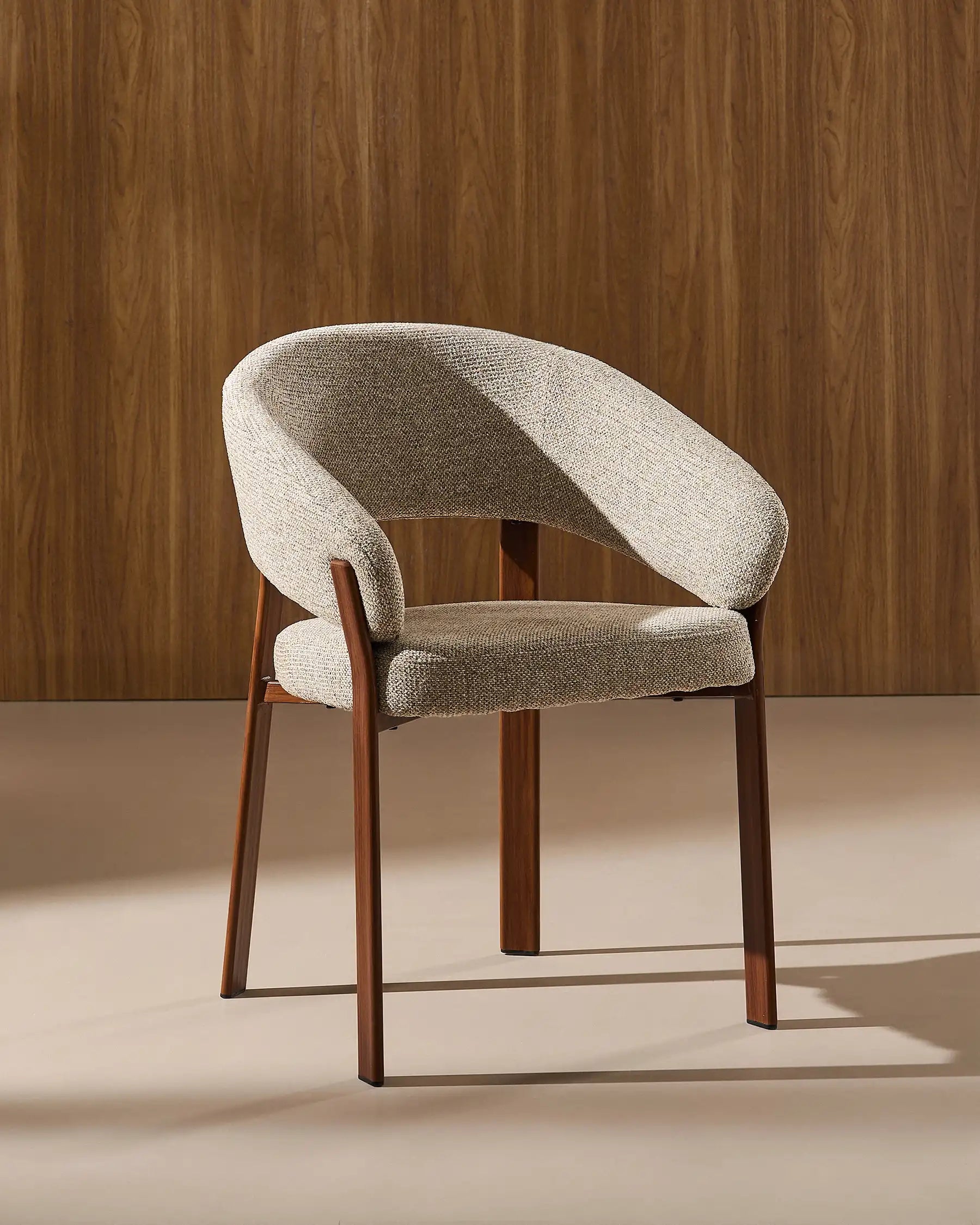 Side view of Bramley taupe chenille dining armchair
