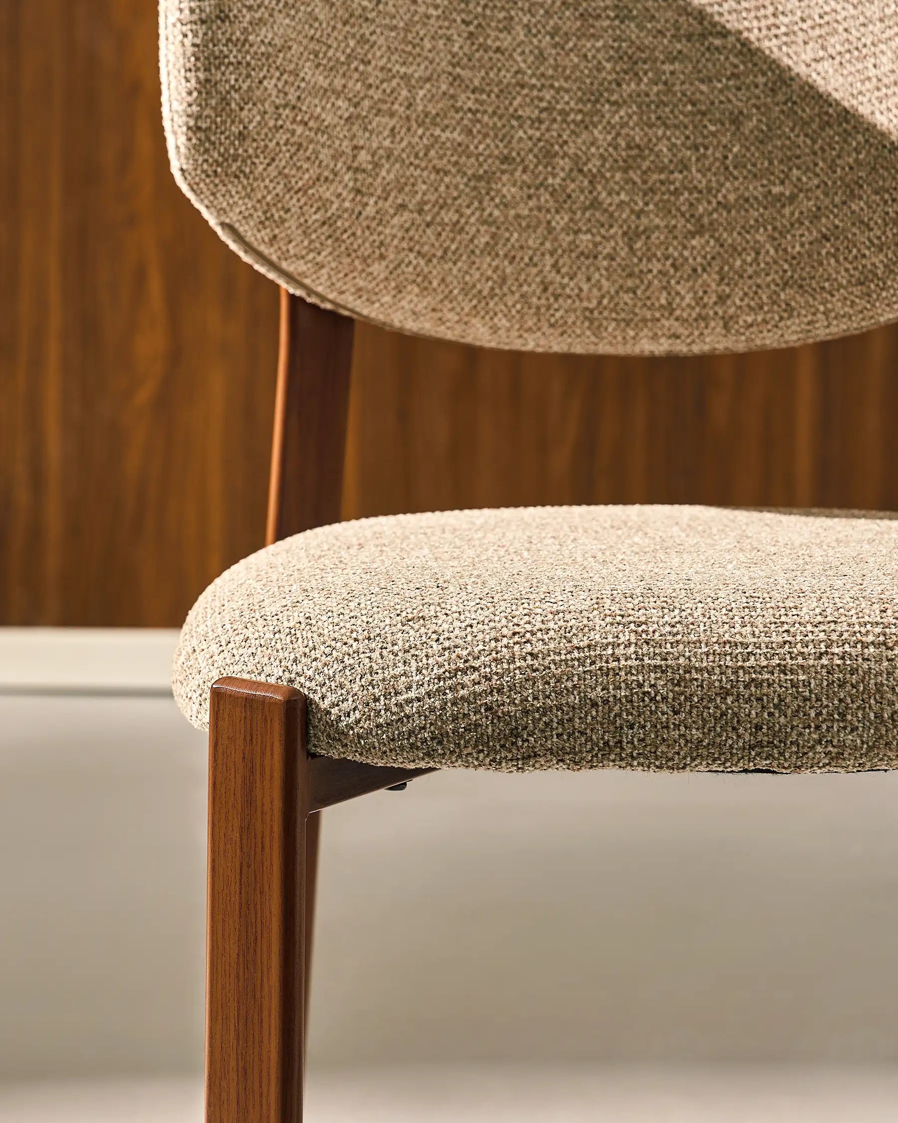 Close-up of taupe chenille upholstery on Bramley dining chairs