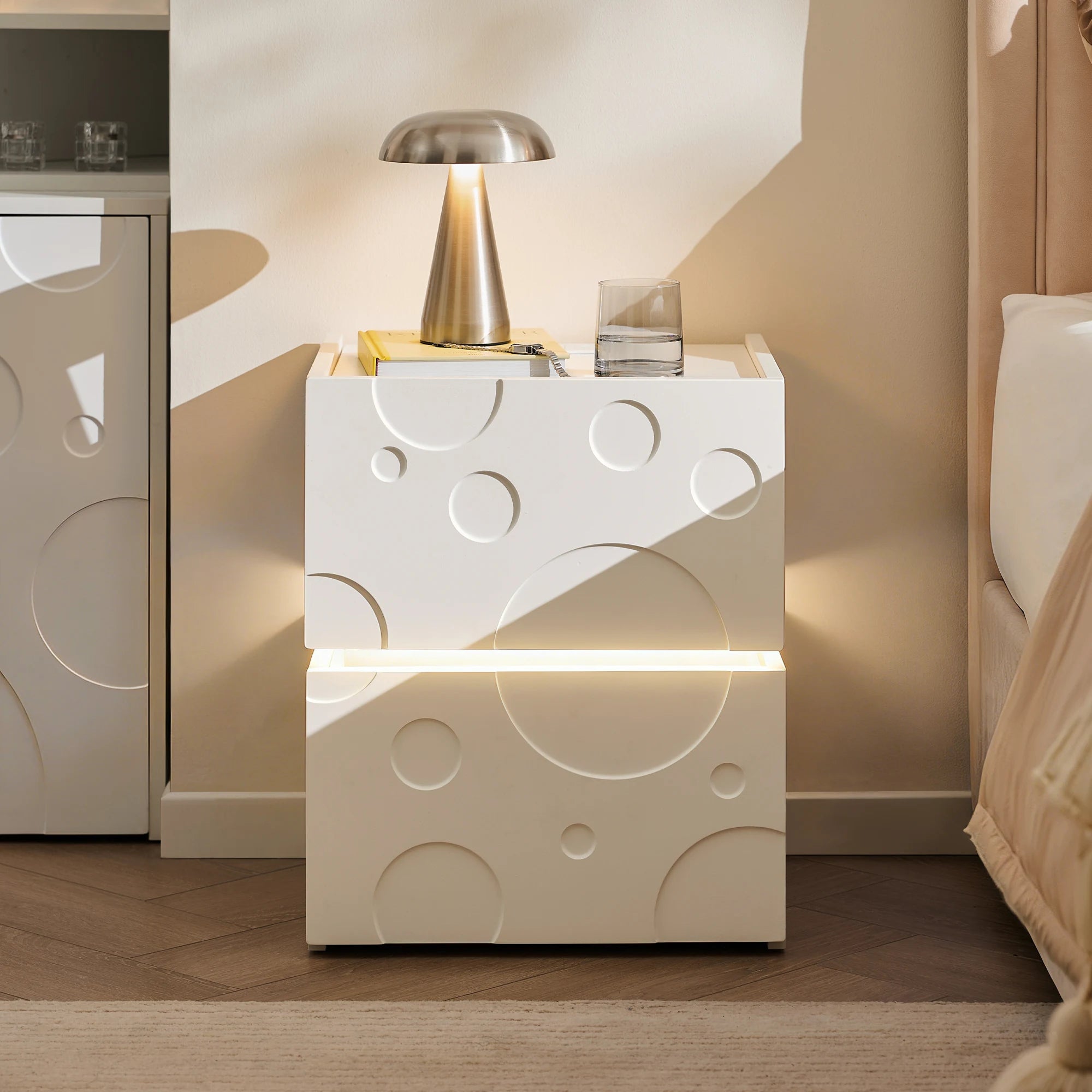 Bubbli White LED Bedside Table with Two Smooth-Glide Drawers