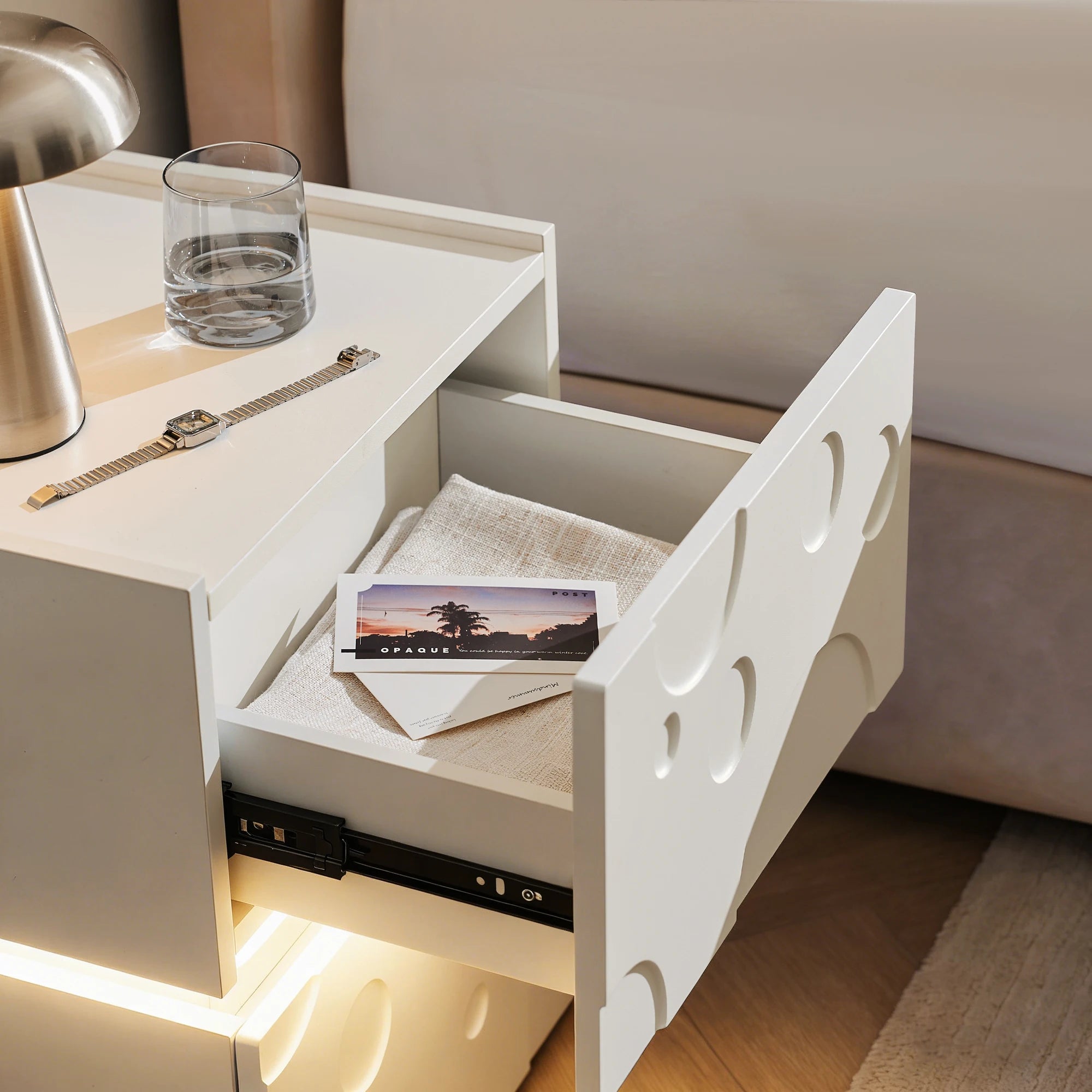 Bubbli White Bedside Table with Discreet Integrated Storage