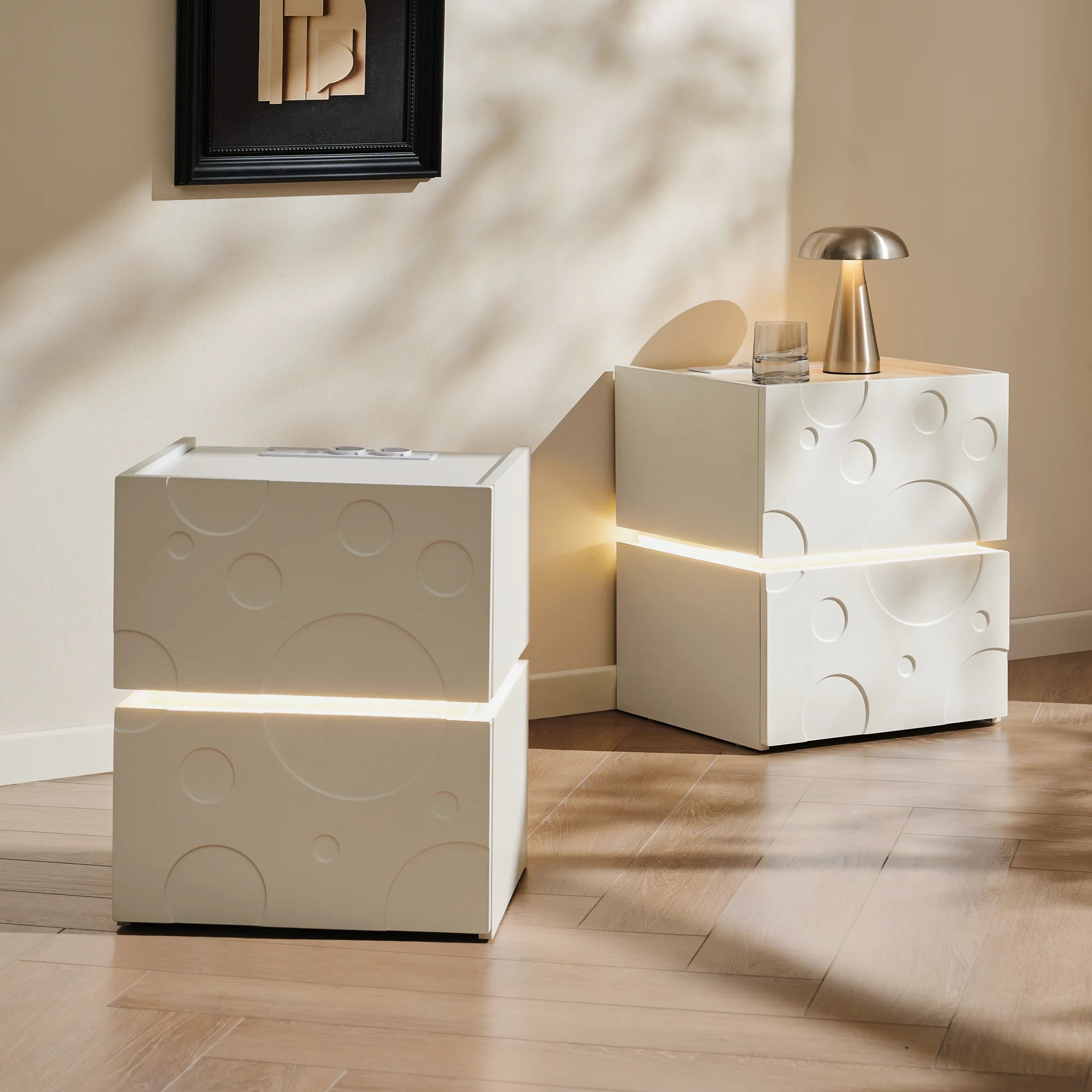 Bubbli White LED Bedside Table in a Calm Modern Bedroom