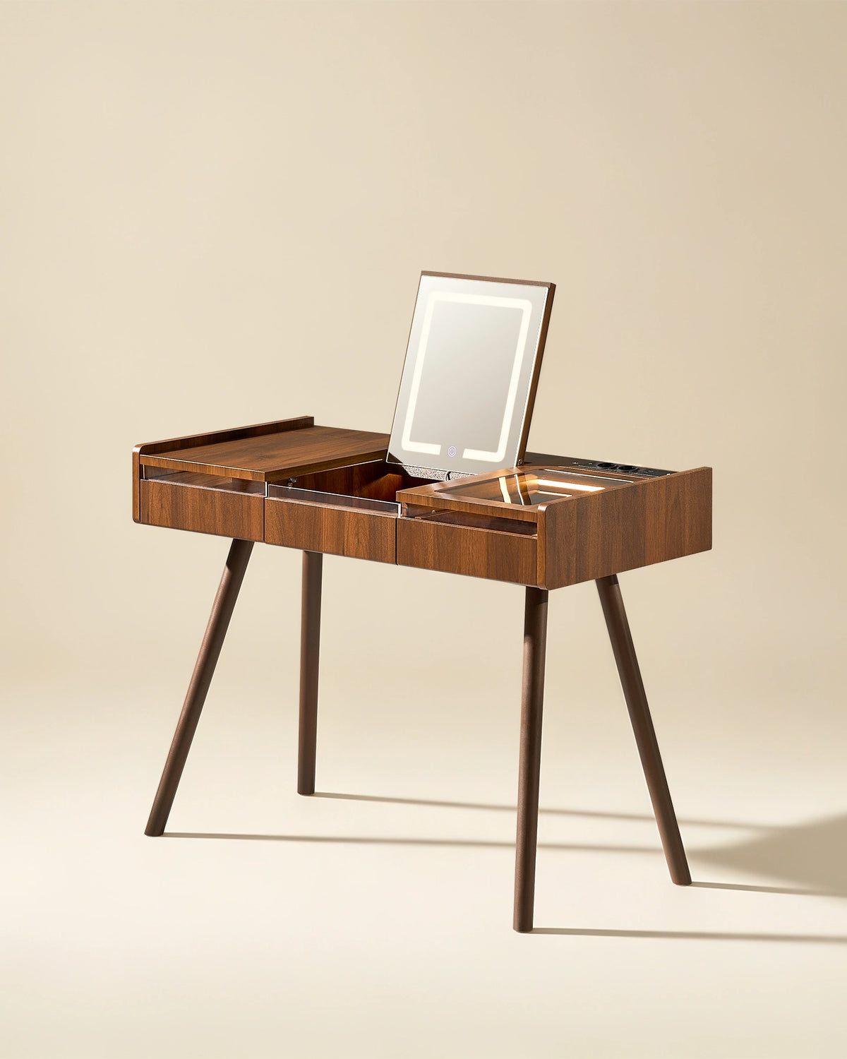 Side view of the Elora dressing table highlighting its walnut-effect finish, slim profile and solid beech wood legs