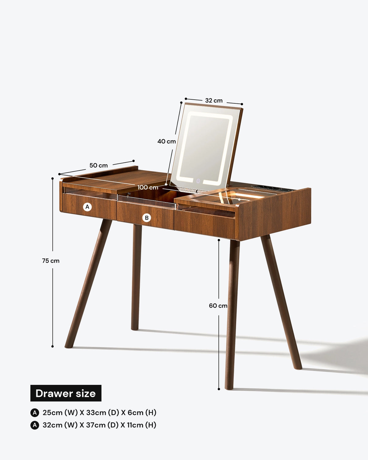Dimensions of the Elora walnut-effect dressing table, measuring 100 cm wide, 50 cm deep and 75 cm high