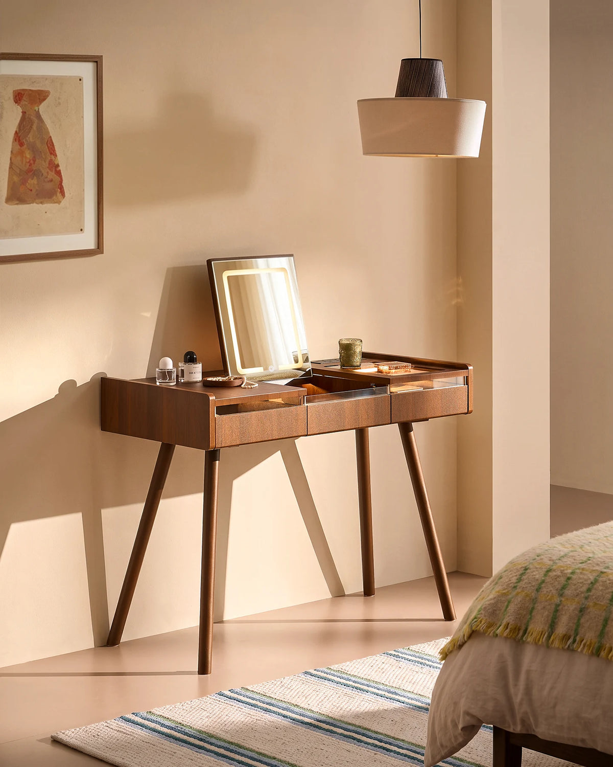 Elora walnut-effect dressing table with flip-top LED mirror, grey glass tabletop and solid beech wood legs