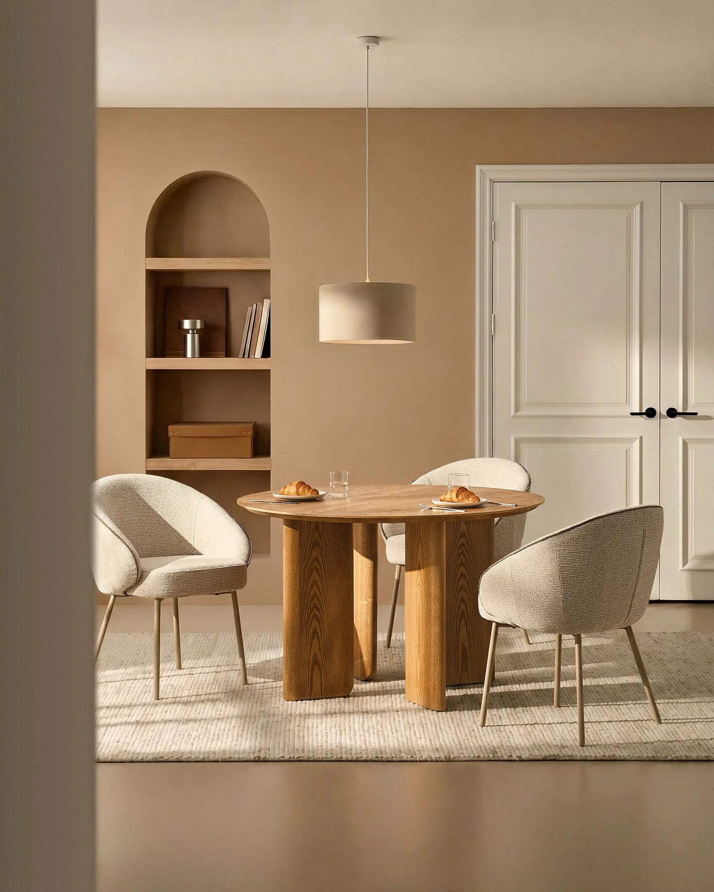 Elowen beige chenille dining chairs in a modern dining room