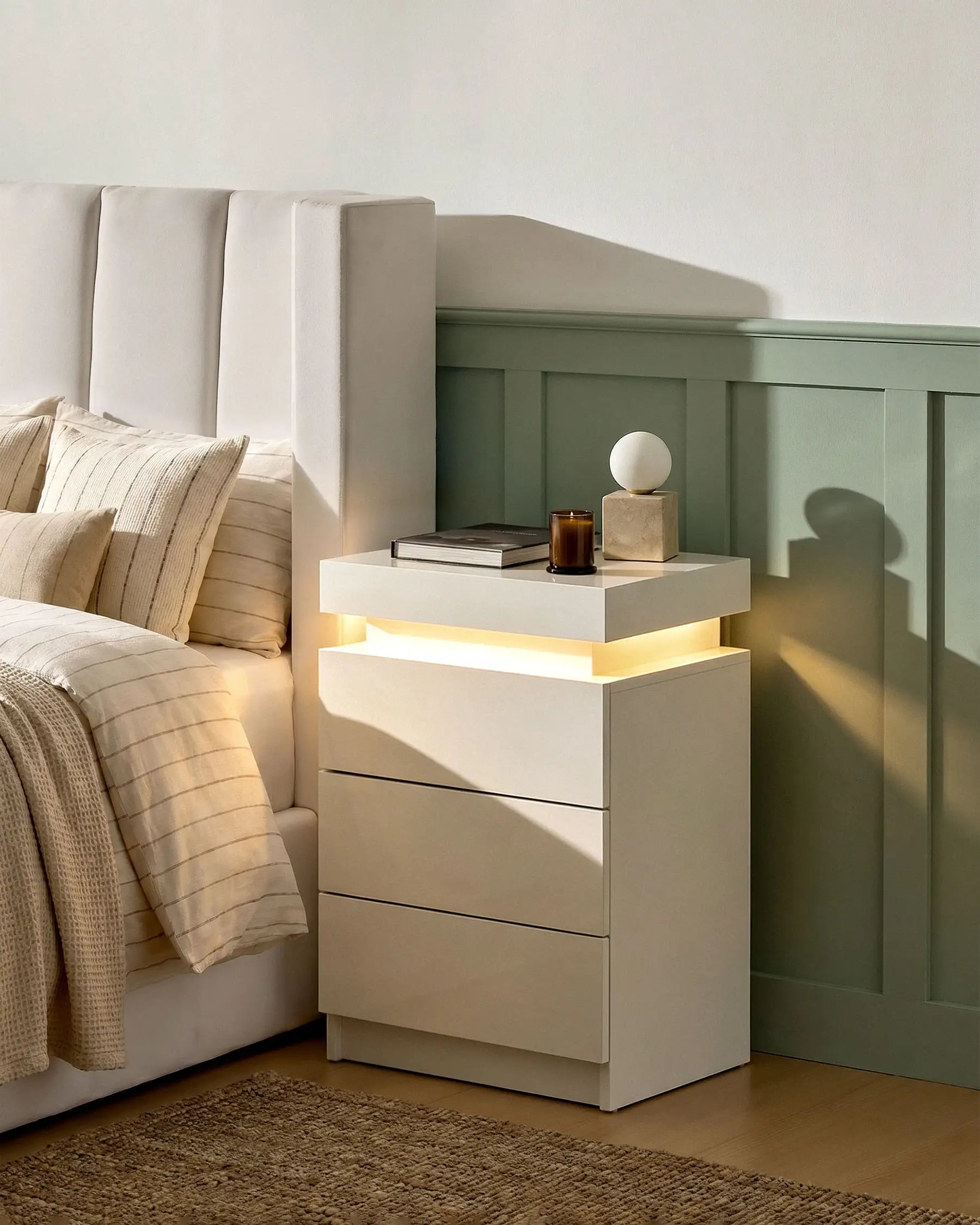 Kumar Smart LED Bedside Table in White with High-Gloss Drawers