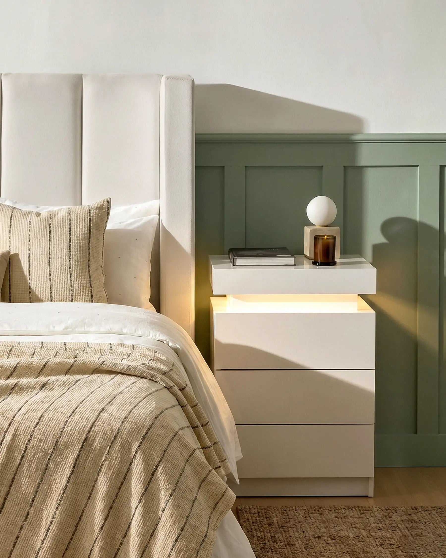 Kumar White Smart Bedside Table with Three High-Gloss Drawers
