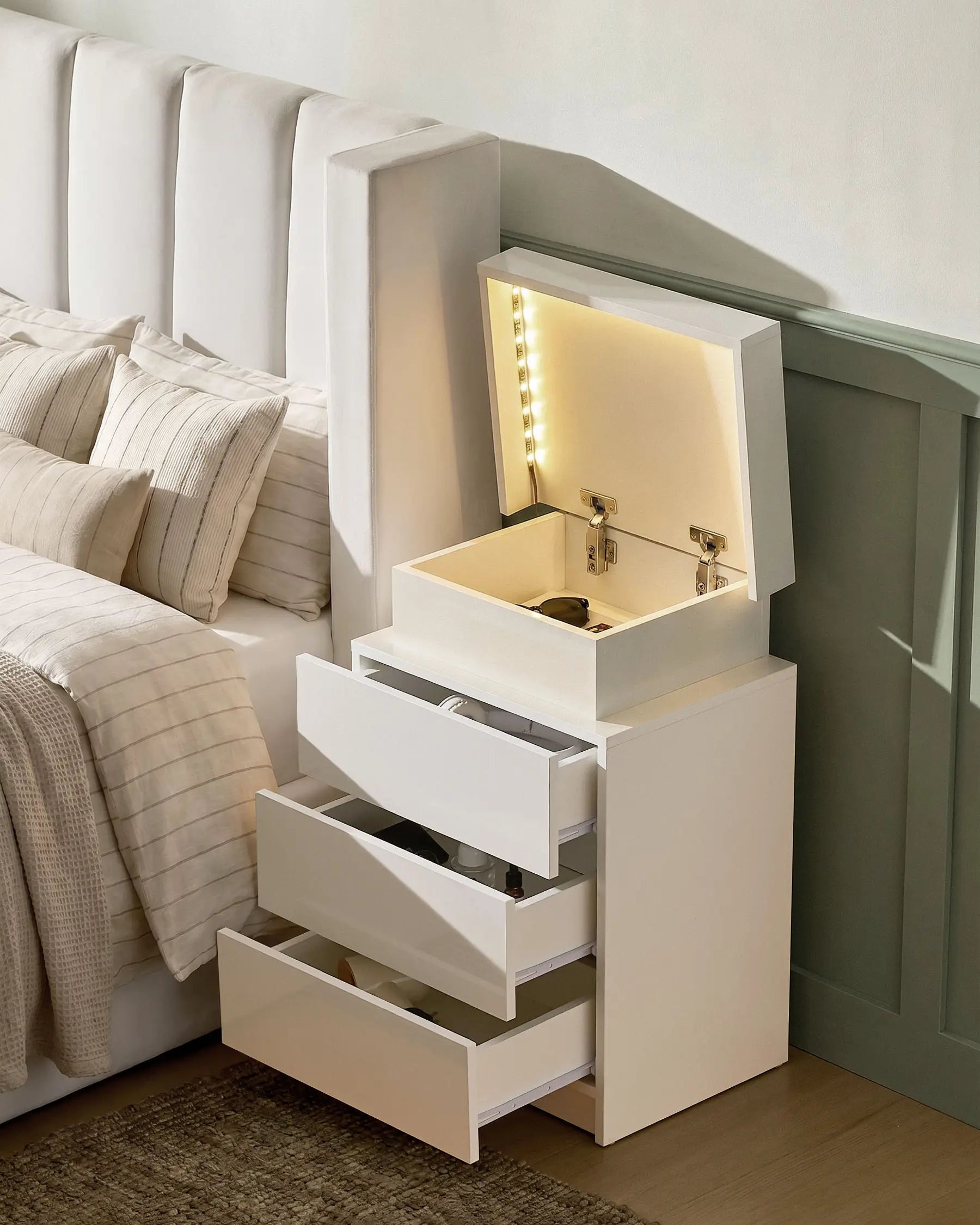Kumar White Smart Bedside Table with Three Drawers and Hidden Storage