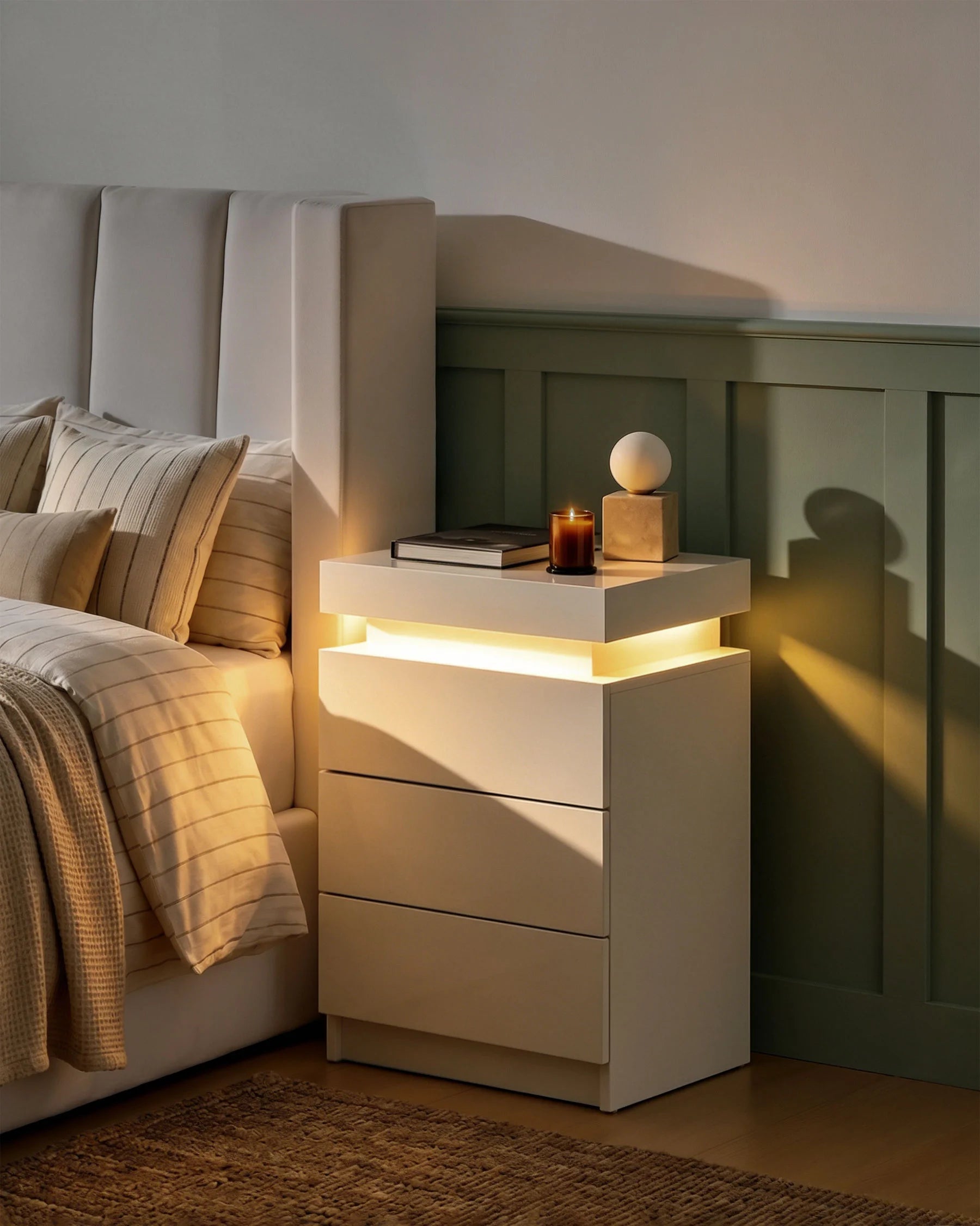 Kumar White Smart Bedside Table with Multi-Colour LED Light