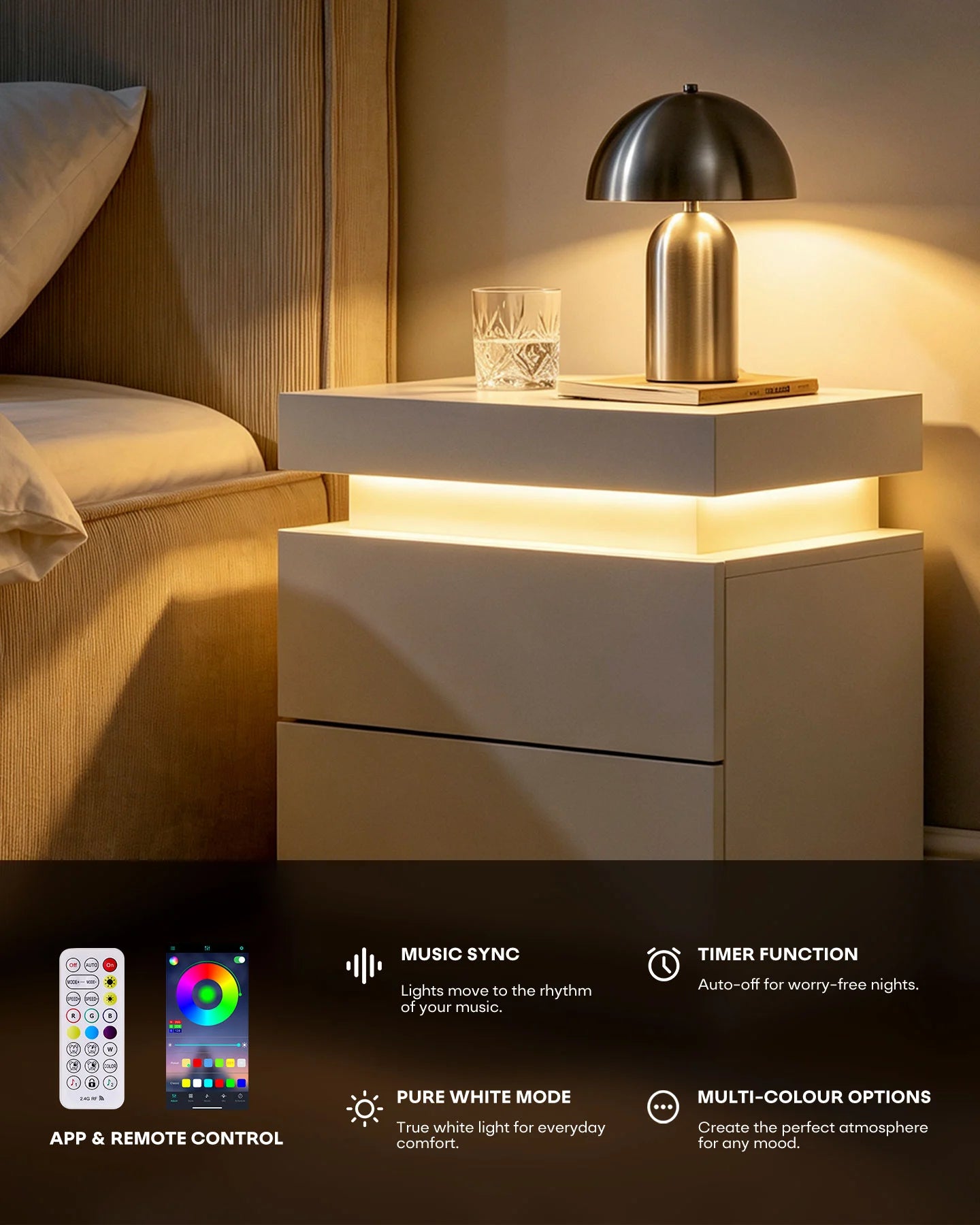 Kumar Smart RGB Bedside Table with Remote-Controlled Lighting