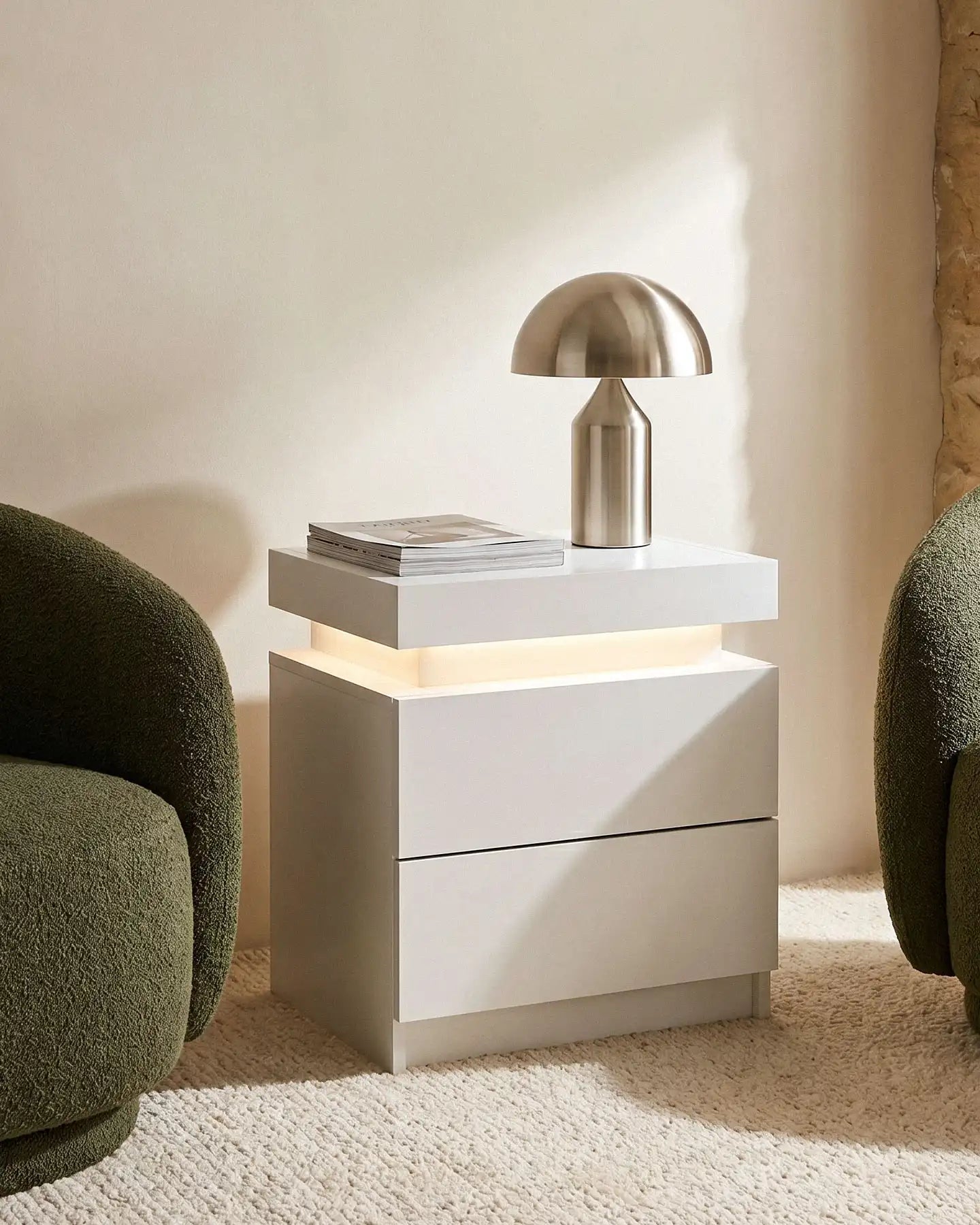 Kumar White Smart RGB Bedside Table in a Modern Bedroom