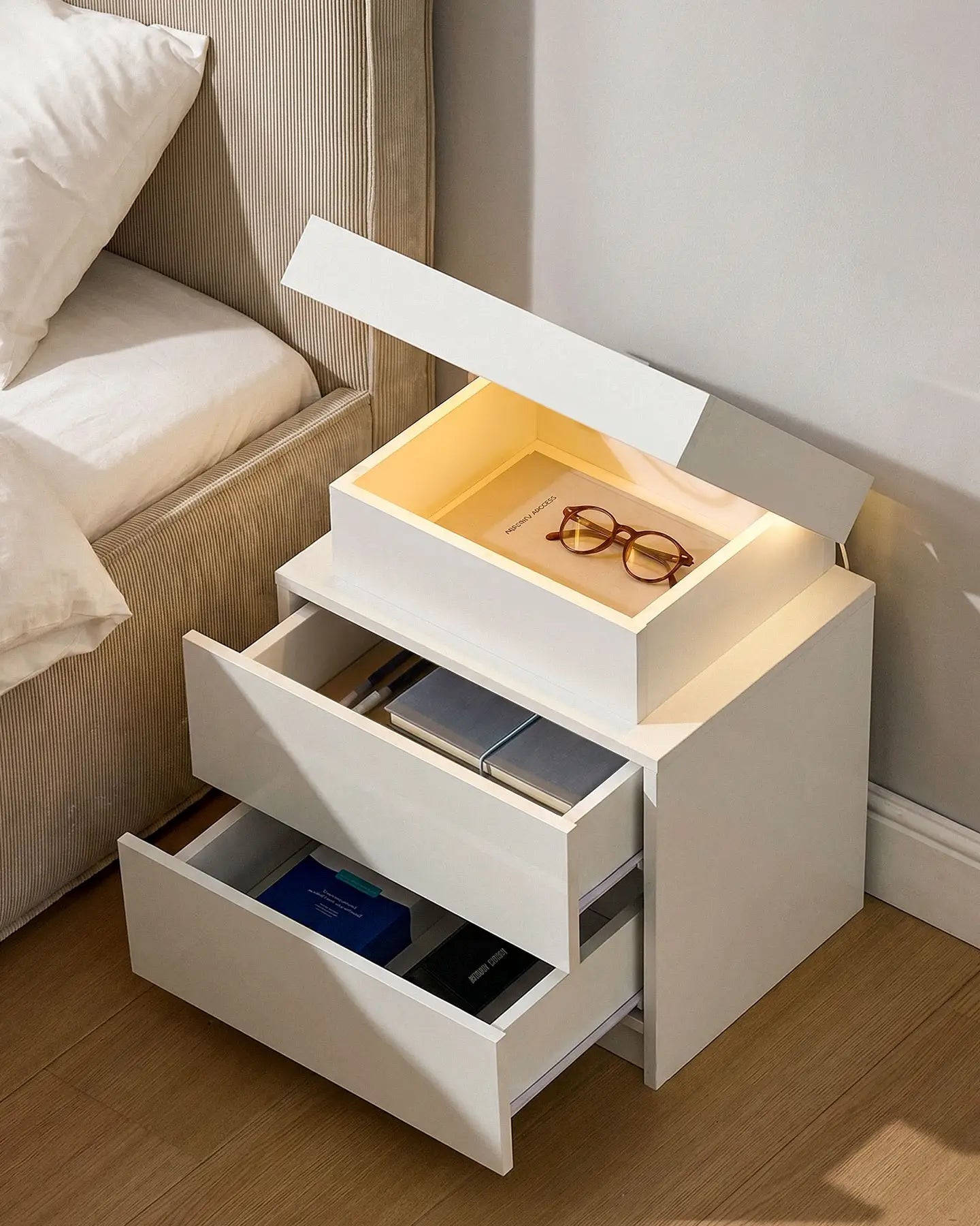 Kumar White Bedside Table with High-Gloss Drawer Fronts