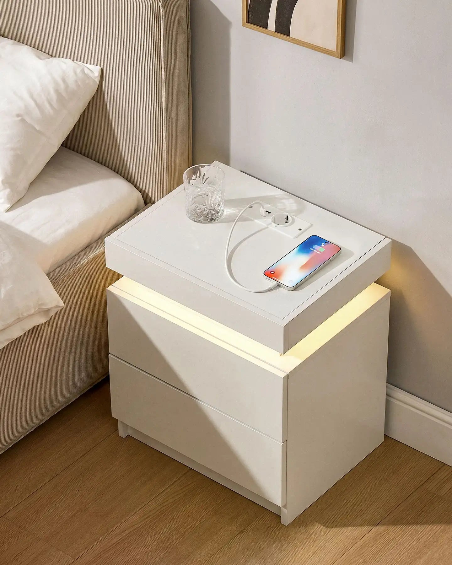 Kumar White Smart RGB Bedside Table with Integrated USB Charging