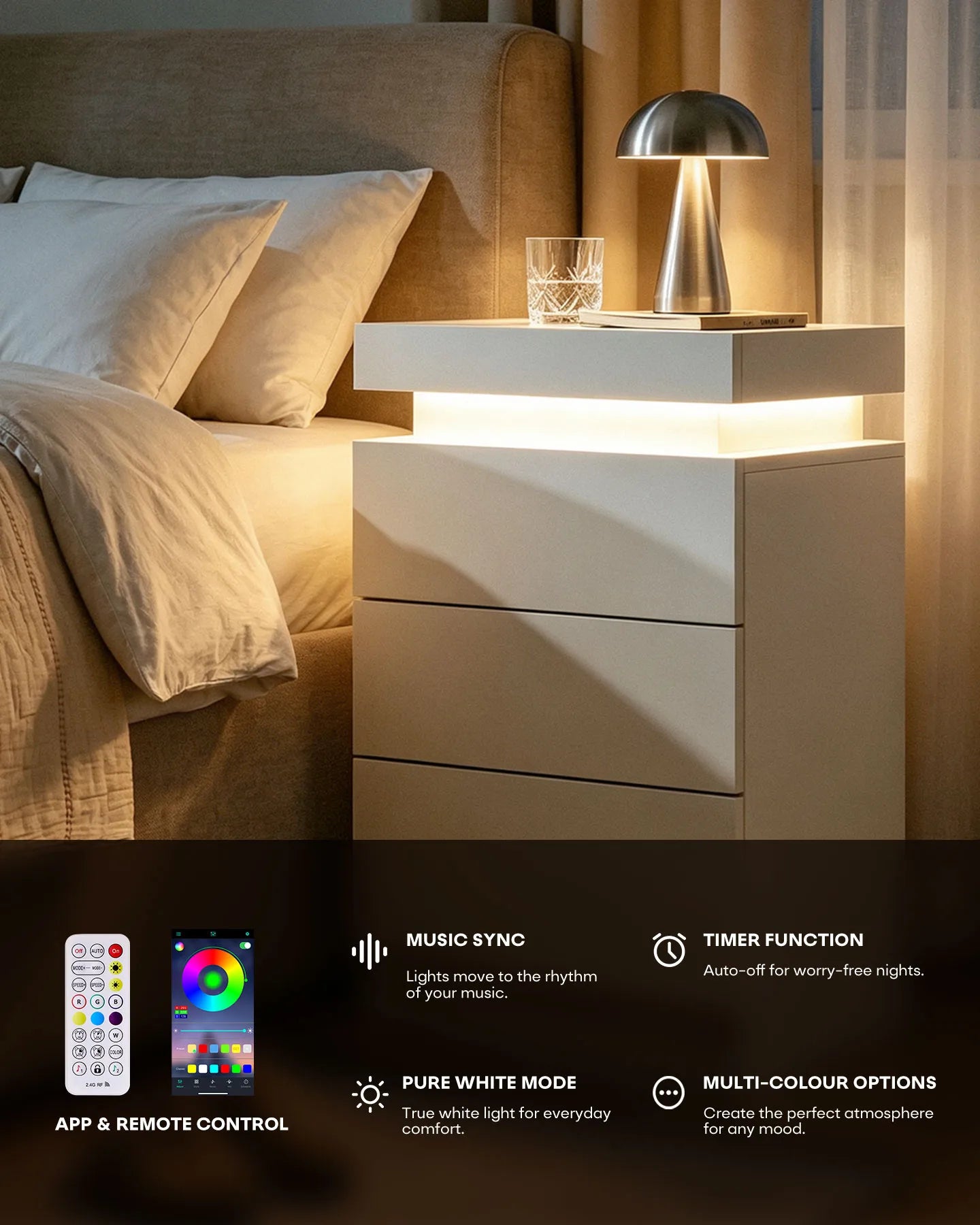 Kumar Smart RGB Bedside Table with Remote-Controlled Lighting