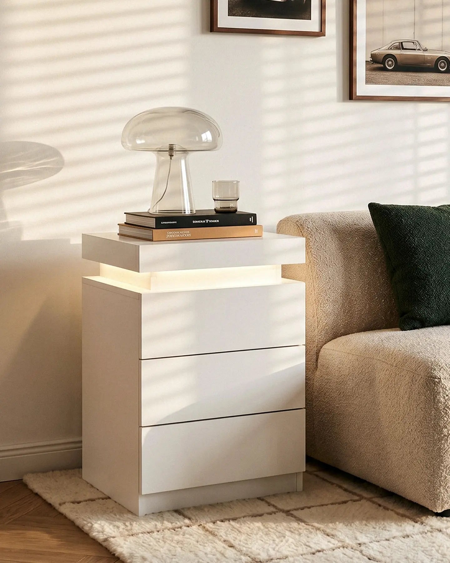 Kumar White Smart RGB Bedside Table in a Modern Bedroom
