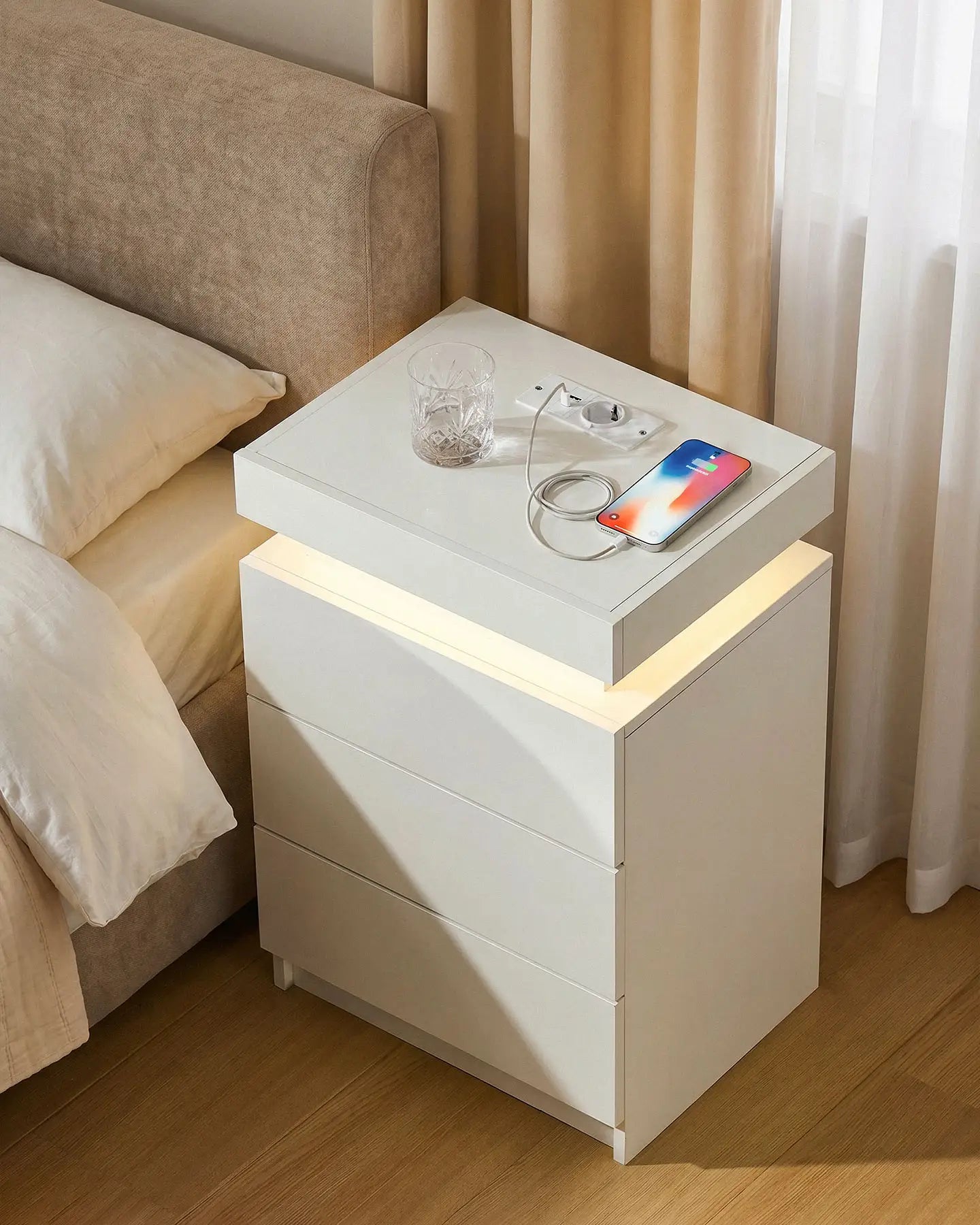 Kumar White Smart RGB Bedside Table with Integrated USB Charging