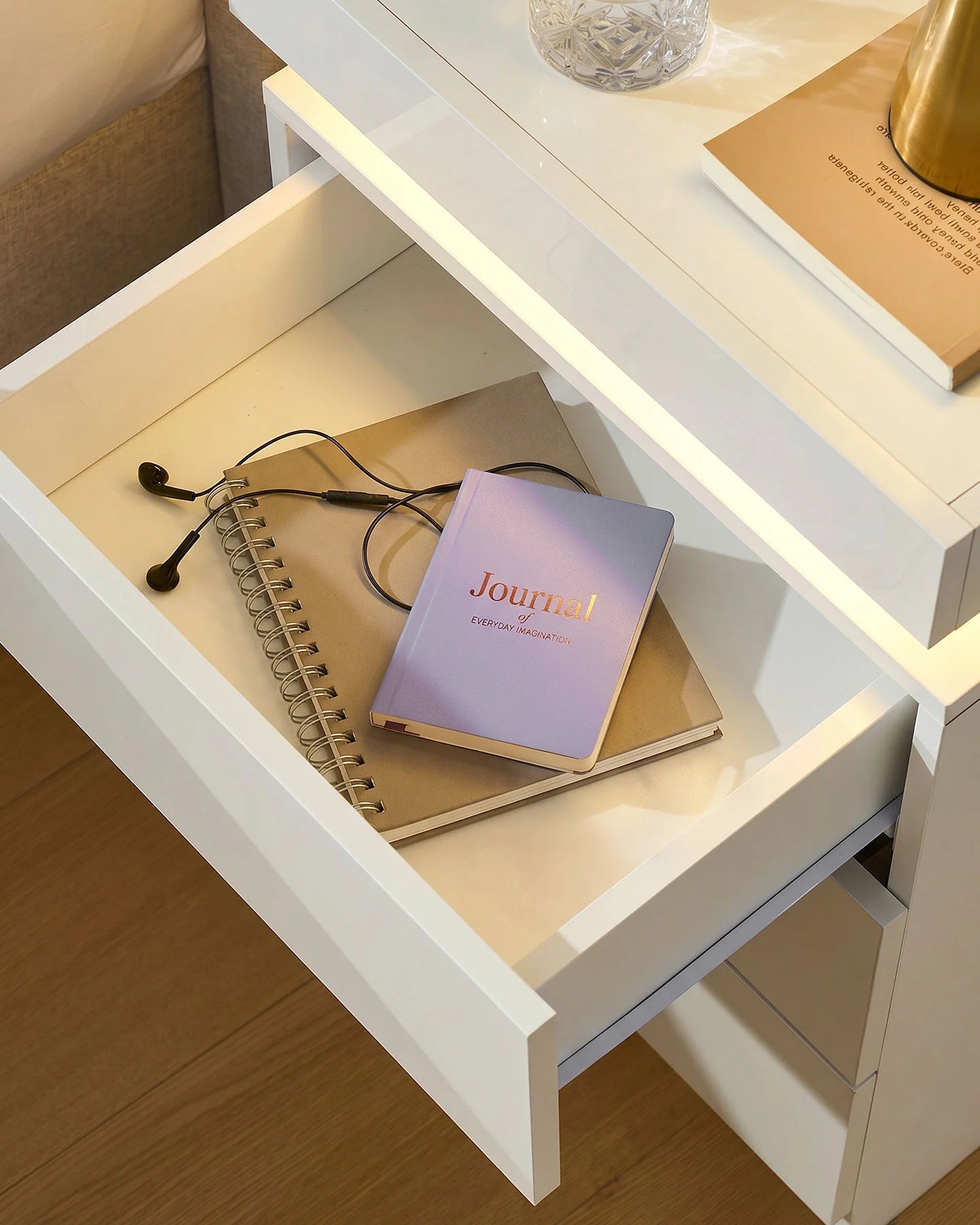 Kumar White Bedside Table with Three Spacious Drawers and Hidden Storage