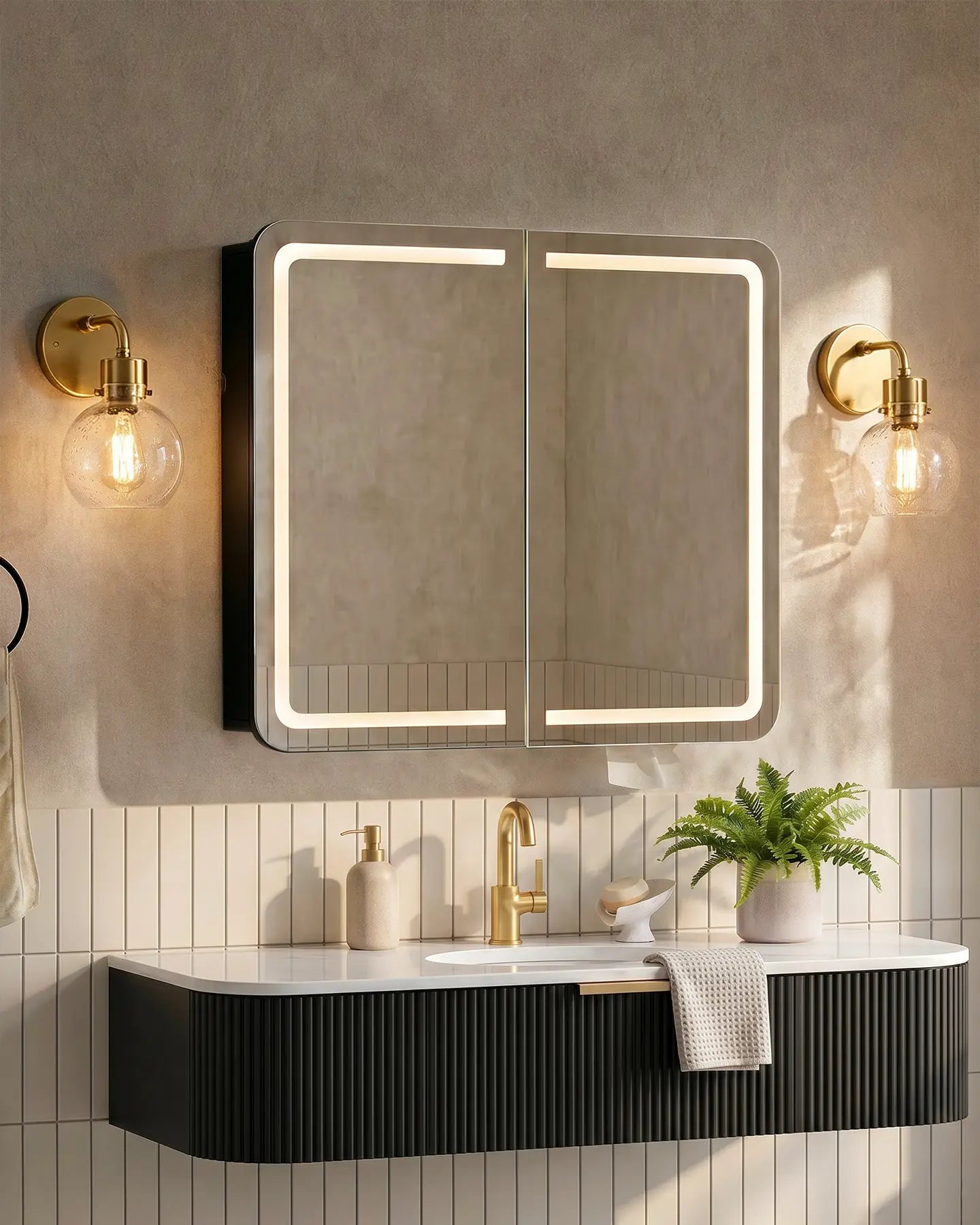 Mira Bathroom Mirror Cabinet with Black Interior and Anti-Fog Function