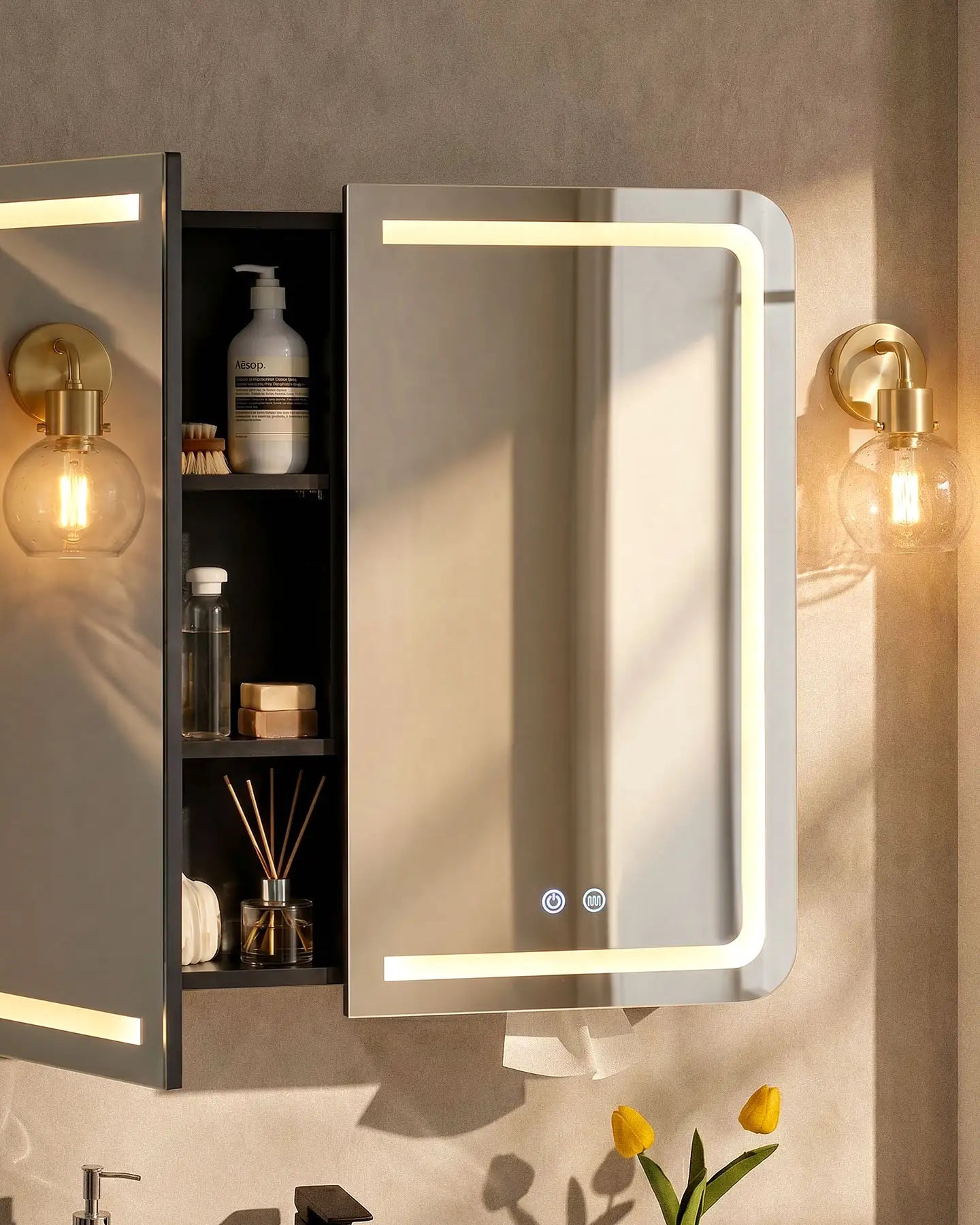 Mira Bathroom Mirror Cabinet with Black Interior and Adjustable Shelves