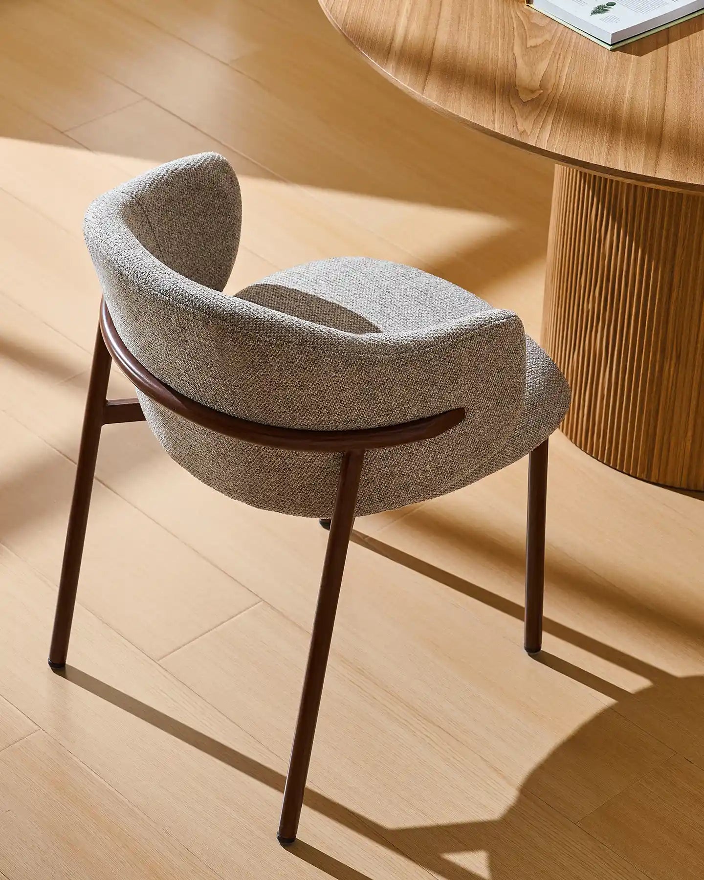 Side view of Nolan taupe chenille dining chairs