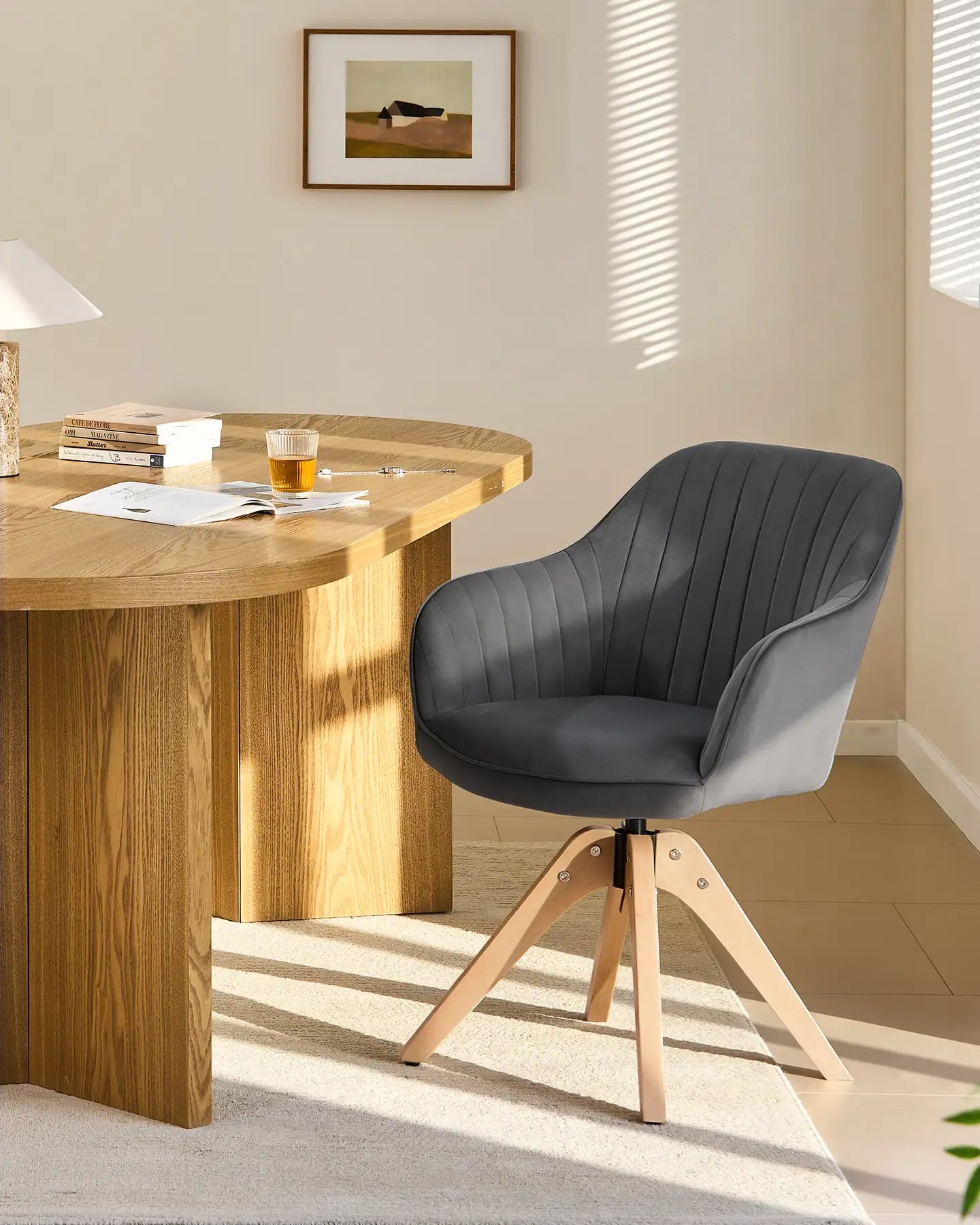 Oakley Grey Velvet Swivel Chair with Curved Backrest and Armrests
