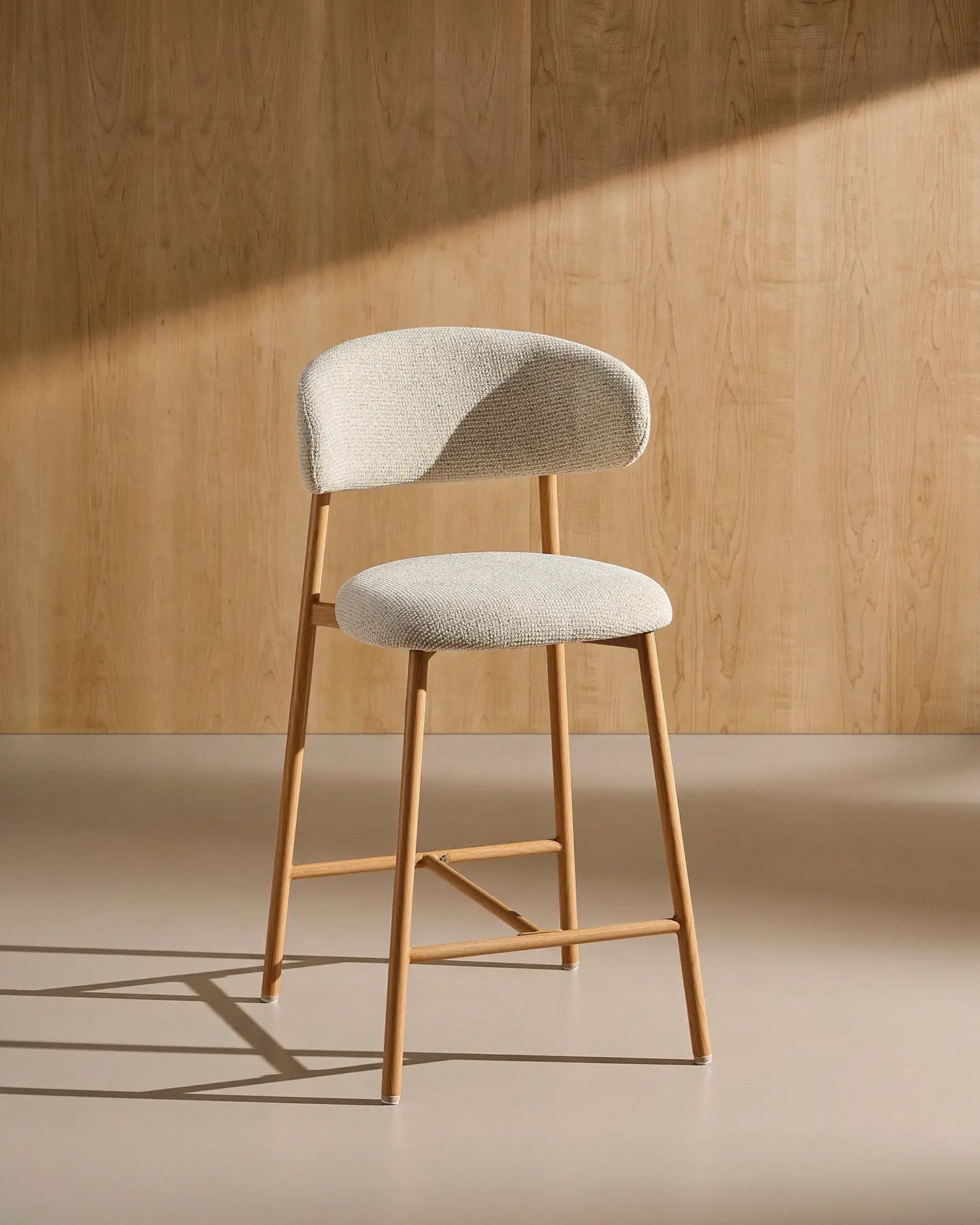 Side view of Rowan cream chenille bar stools, 65 cm