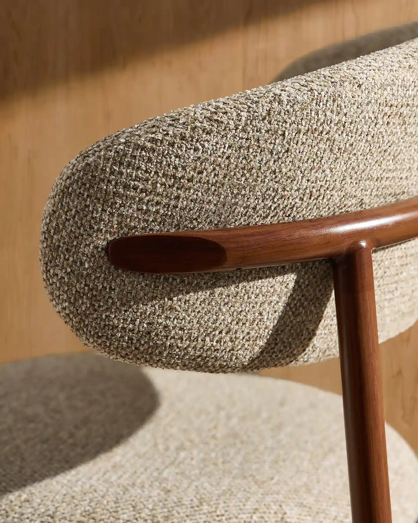 Close-up of taupe chenille upholstery on Rowan bar stools