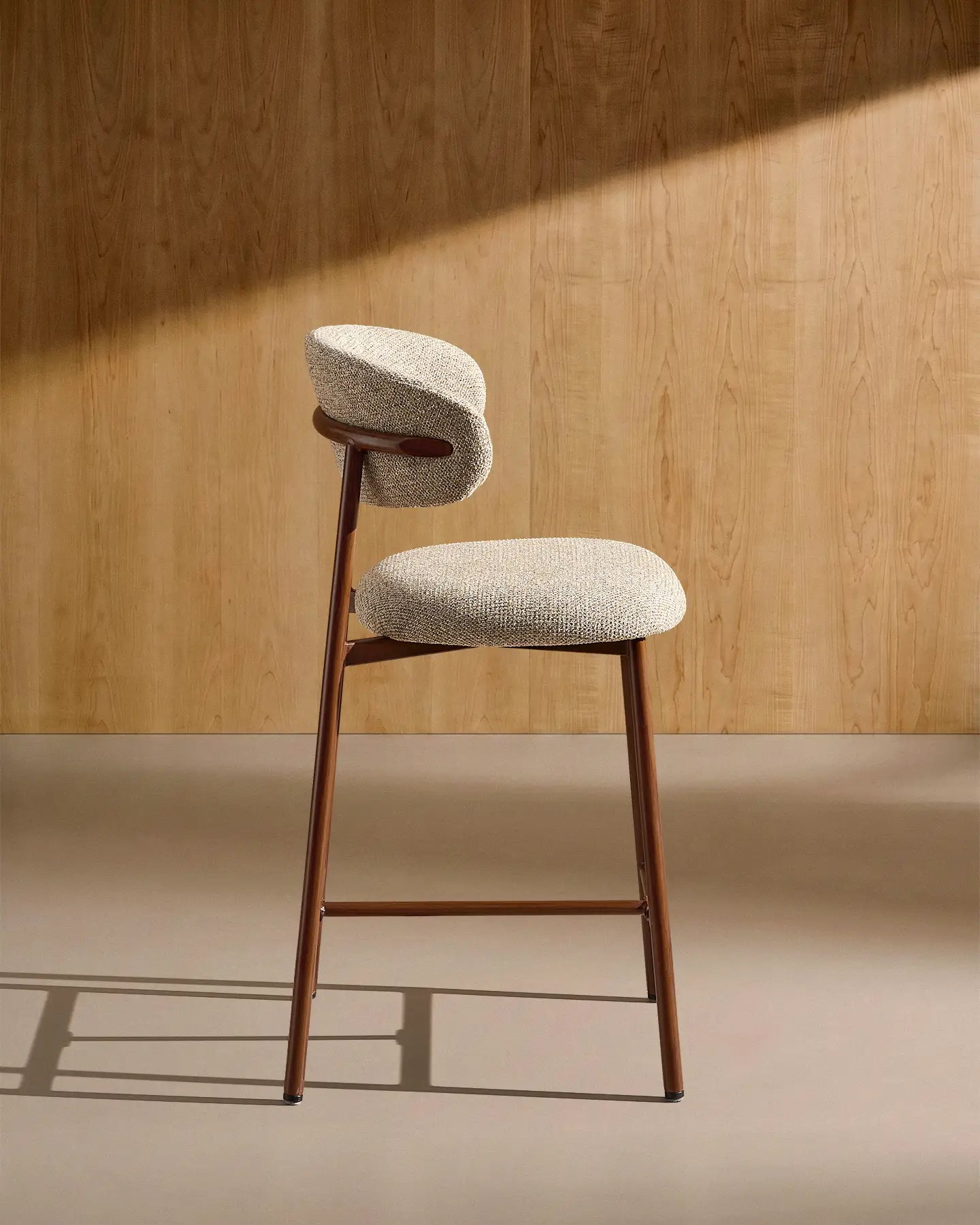 Side view of Rowan taupe chenille bar stools in taupe chenille, 65 cm