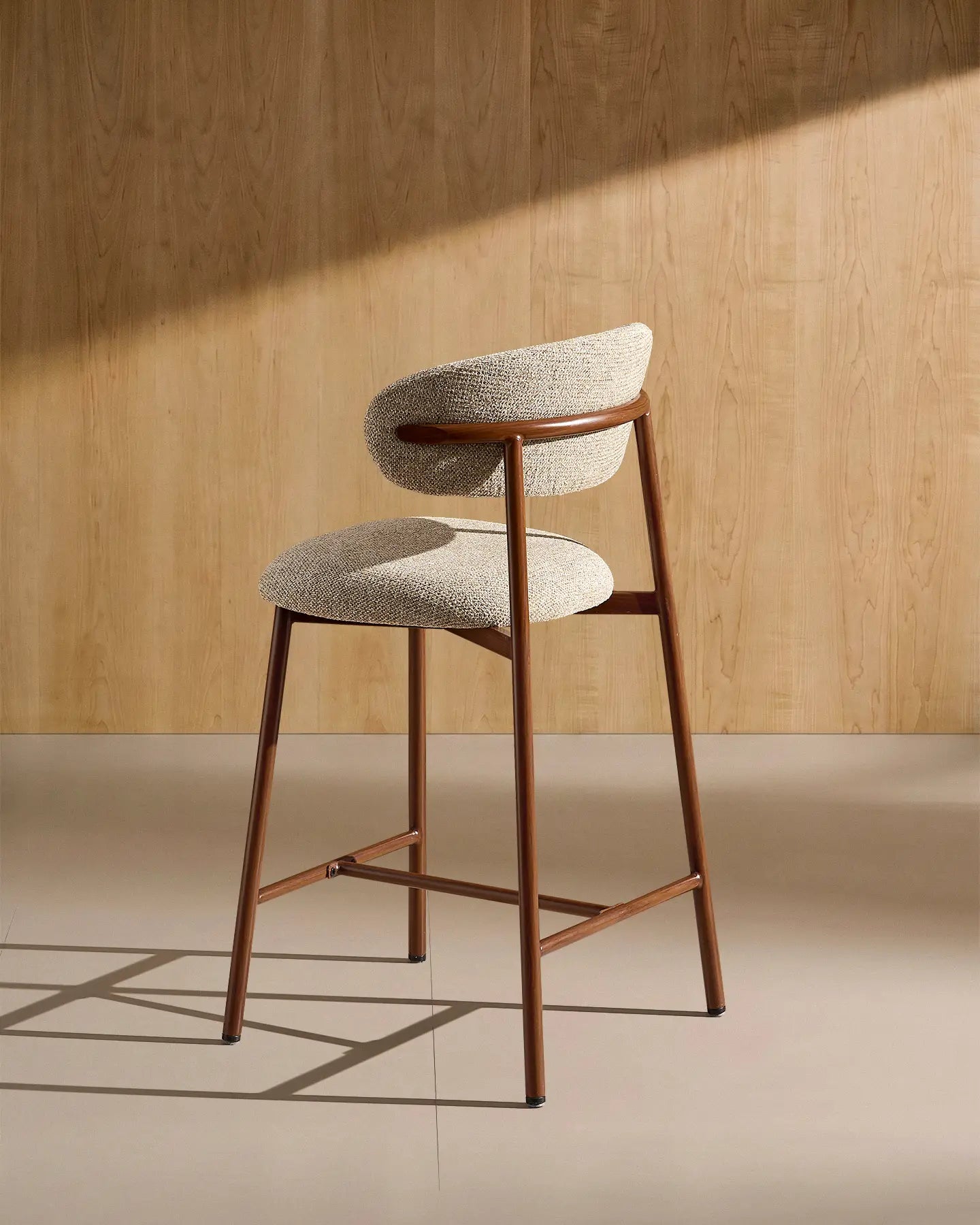 Side view of Rowan taupe chenille bar stools in taupe chenille, 65 cm