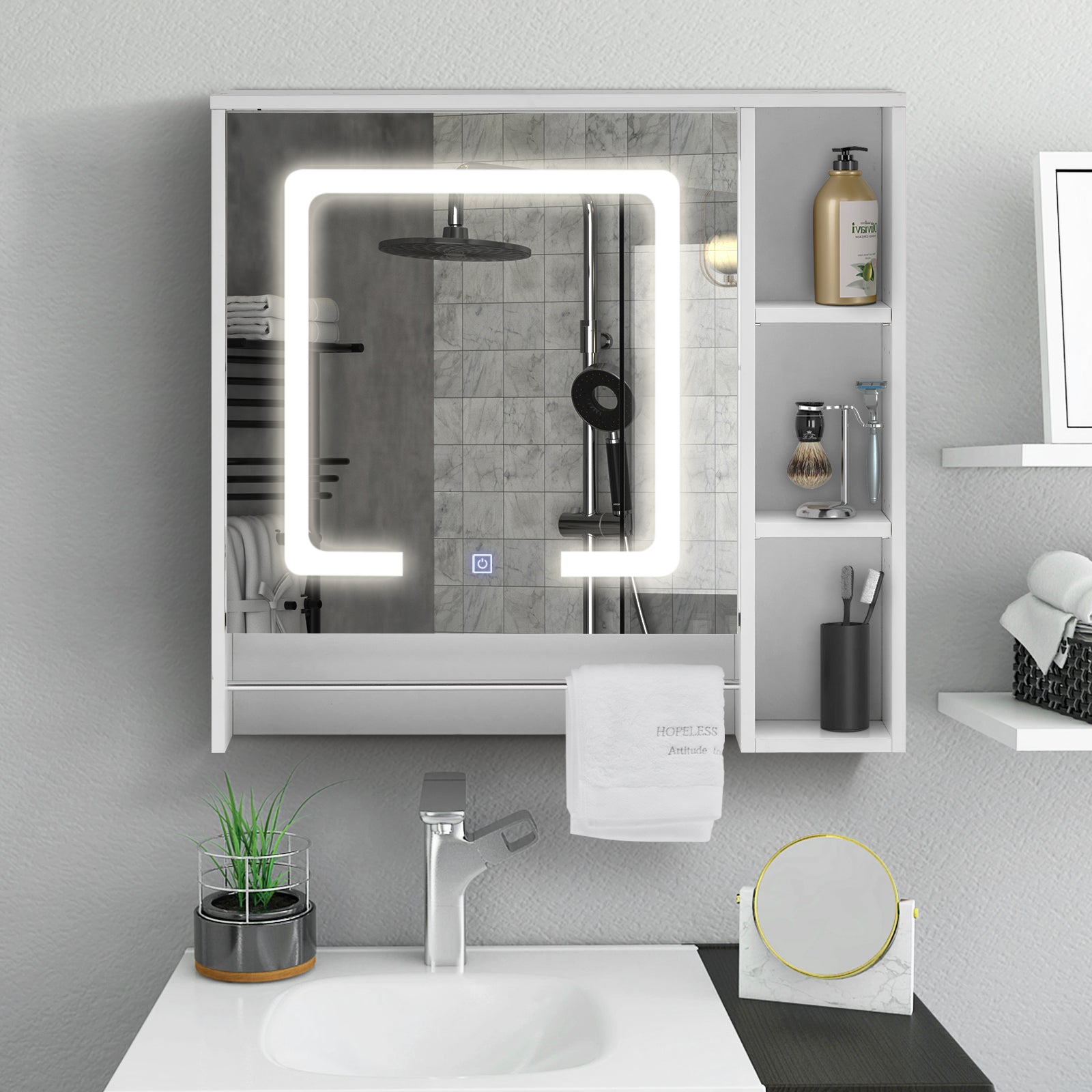 Tavion Bathroom Mirror Cabinet with Lights (1 Door+3 Shelves)