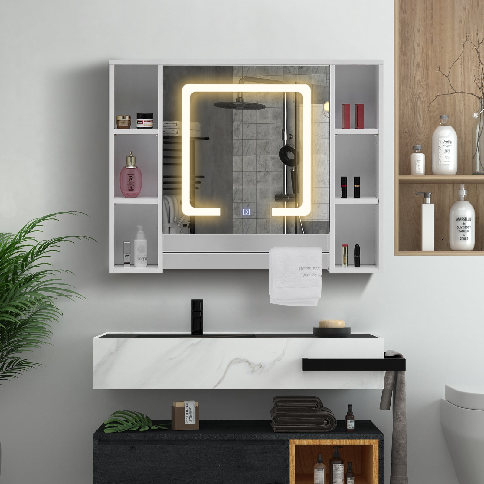 Tavion Bathroom Mirror Cabinet with Lights (1 Door+6 Shelves)